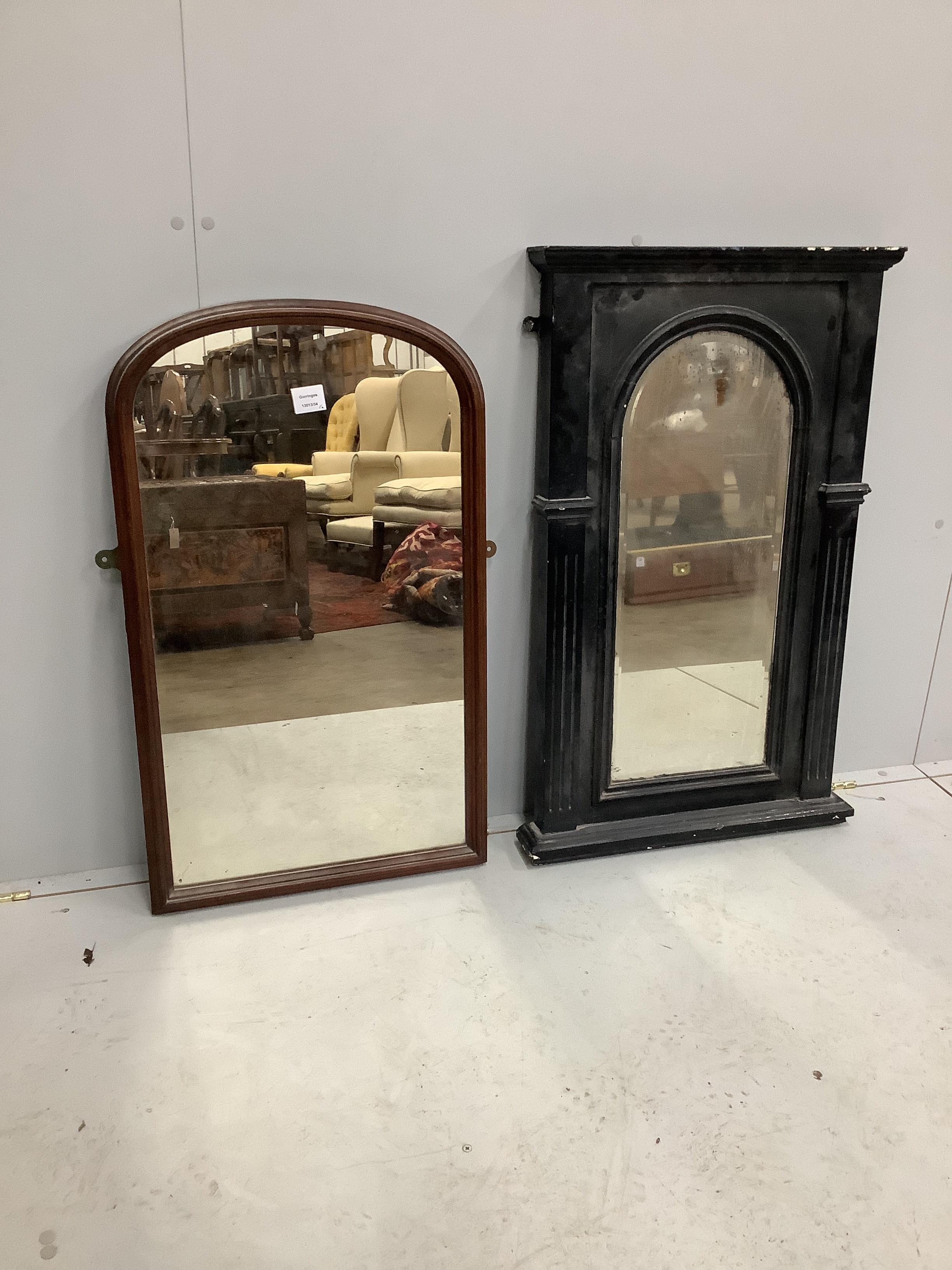 A 19th century ebonised wall mirror together with a Victorian mahogany mirror, larger width 54cm, height 88cm                                                                                                               