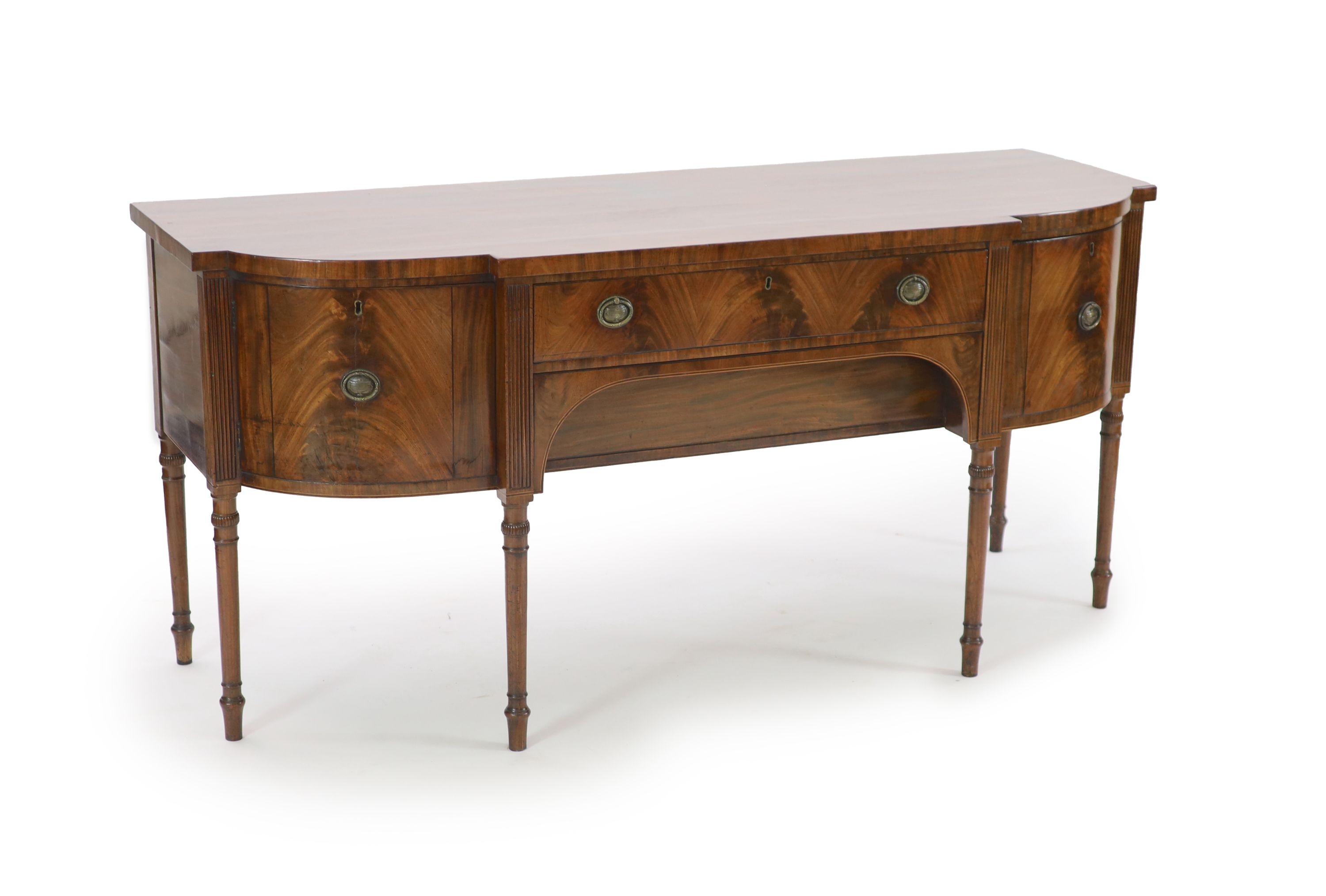 A large George III mahogany breakfront sideboard, W.199cm D.74cm H.93cm                                                                                                                                                     