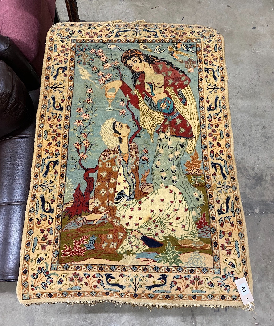 A Persian part silk pictorial rug, 100 x 68cm                                                                                                                                                                               