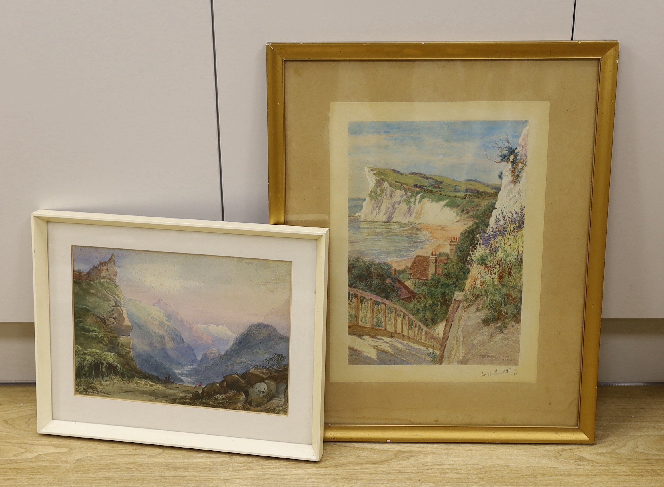 Claude Hulk (1865-1920), watercolour, Figures in a mountainous landscape, signed, 24 x 33cm and a colour print, after W.H. Bartlett                                                                                         
