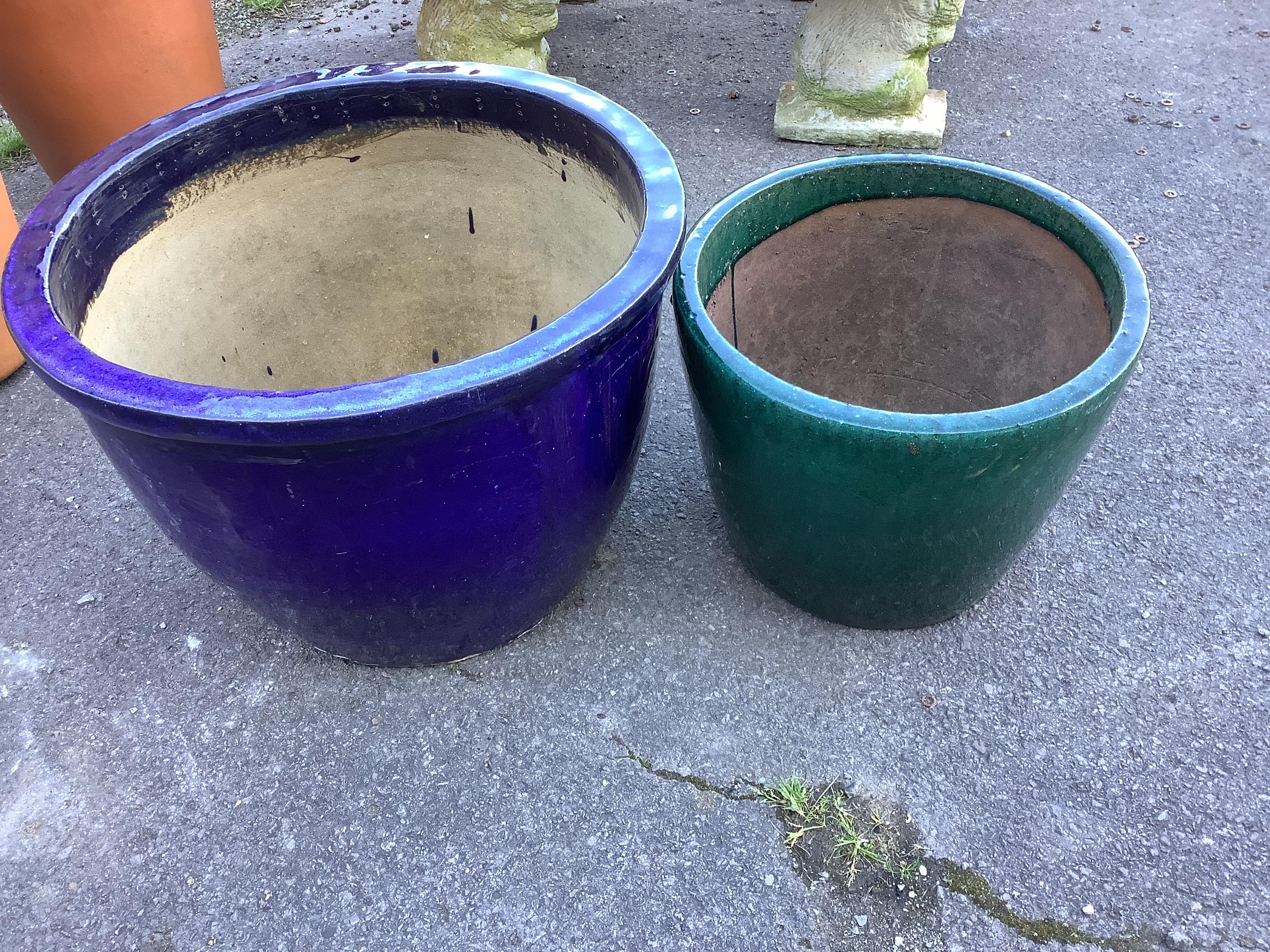 Two large circular glazed pottery garden planters, larger diameter 51cm, height 40cm                                                                                                                                        