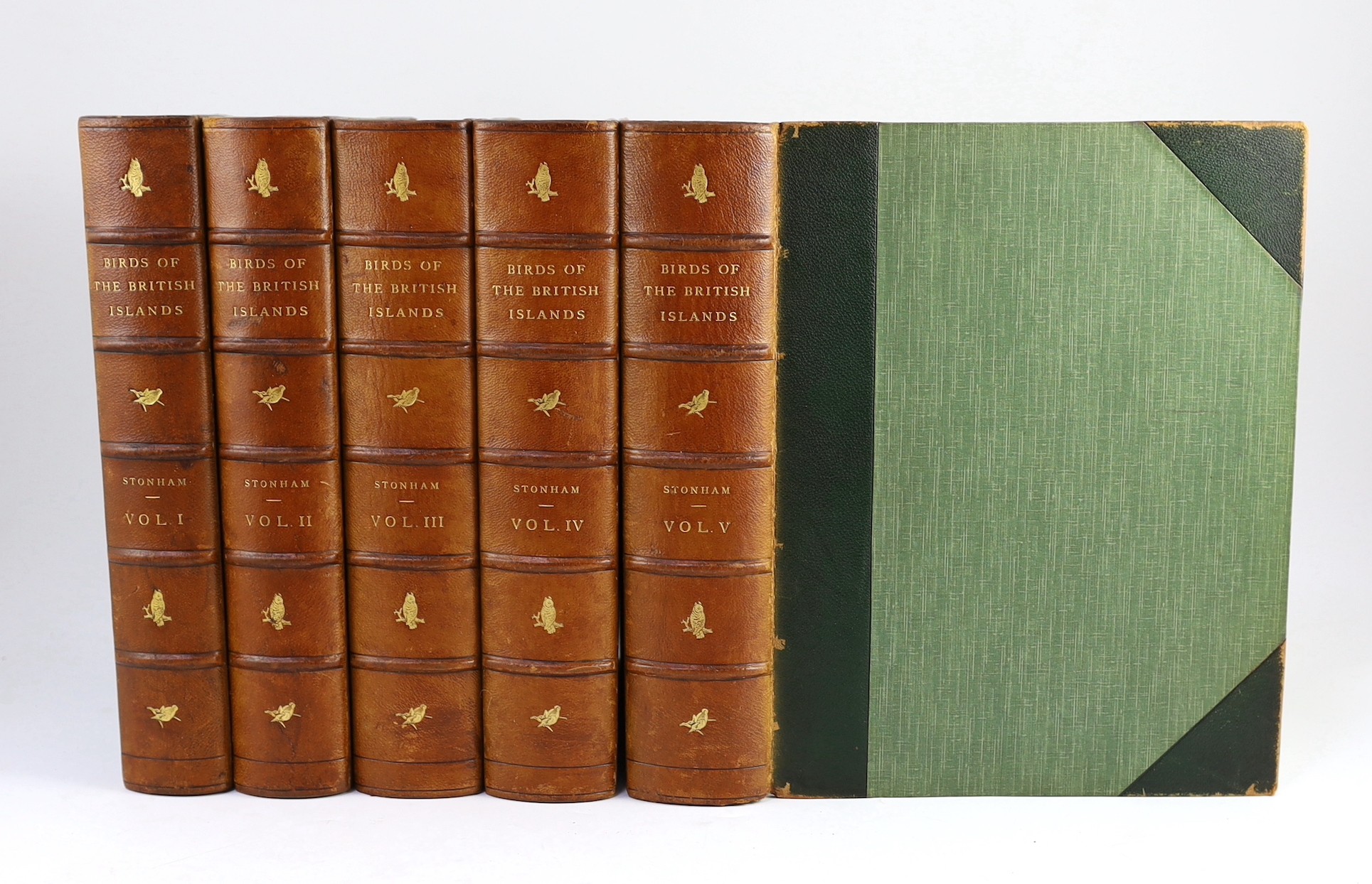 Stonham, Charles - The Birds of the British Islands, illustrated by Lilian M. Medland, 5 vols, folio, half calf with green cloth boards, with 2 folding maps, a double-page diagram and 318 full page tissue-guarded engrave