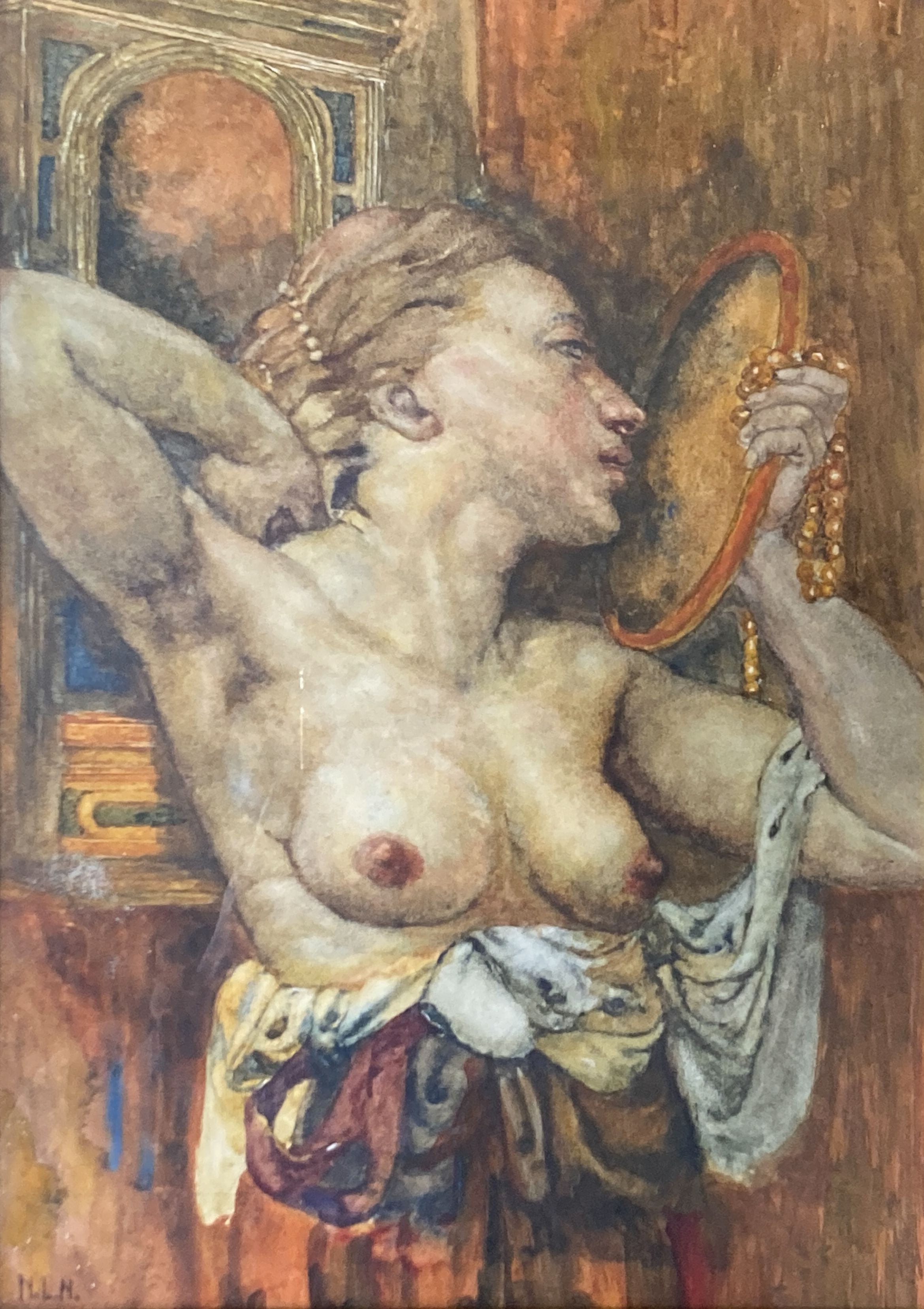 Noel Laura Nisbet (1887-1956), watercolour, Girl admiring herself in a mirror, monogrammed, Julian Hartnell label verso, 34x24cm                                                                                            