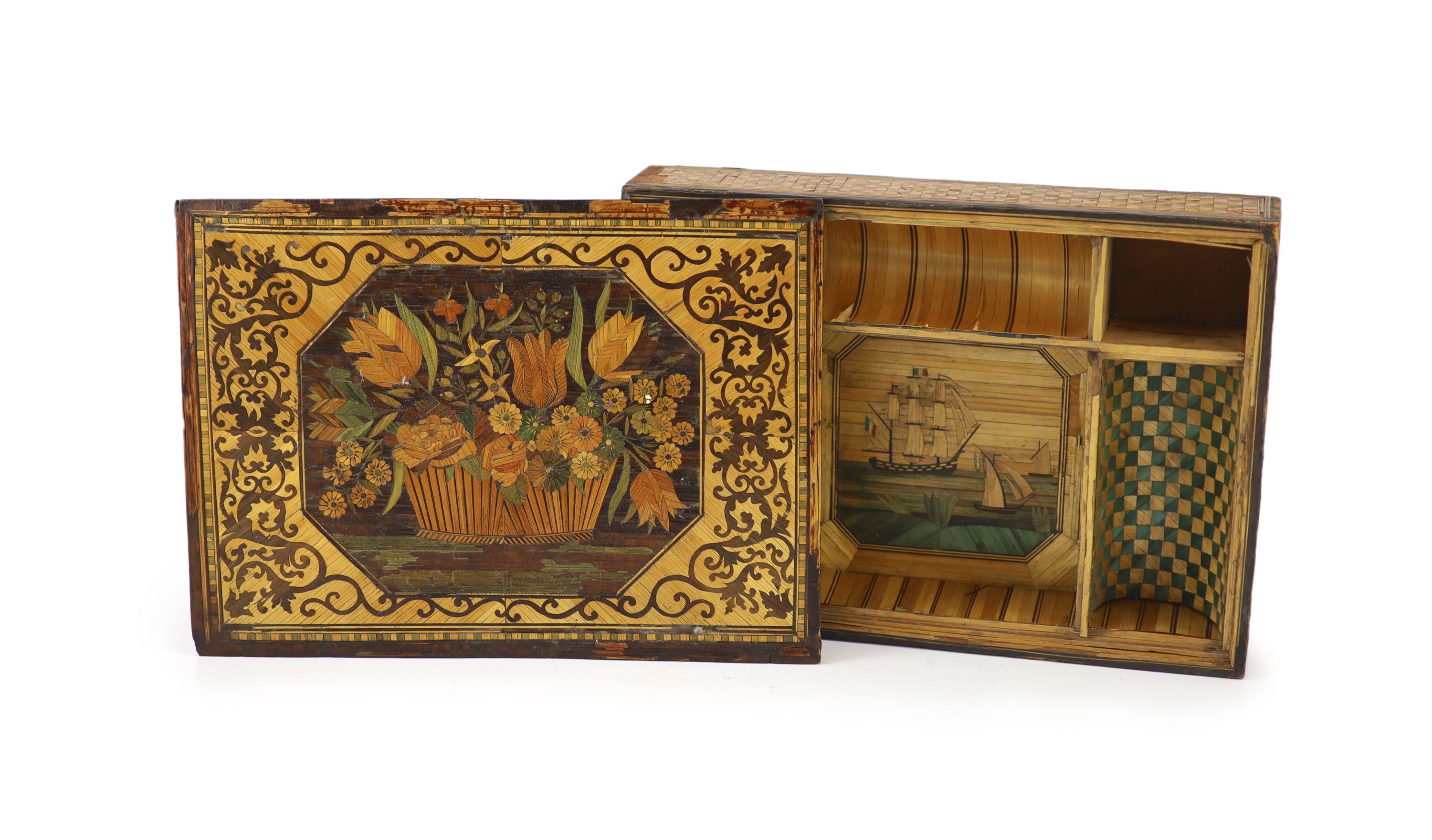A 19th century coloured straw work box and detachable cover                                                                                                                                                                 