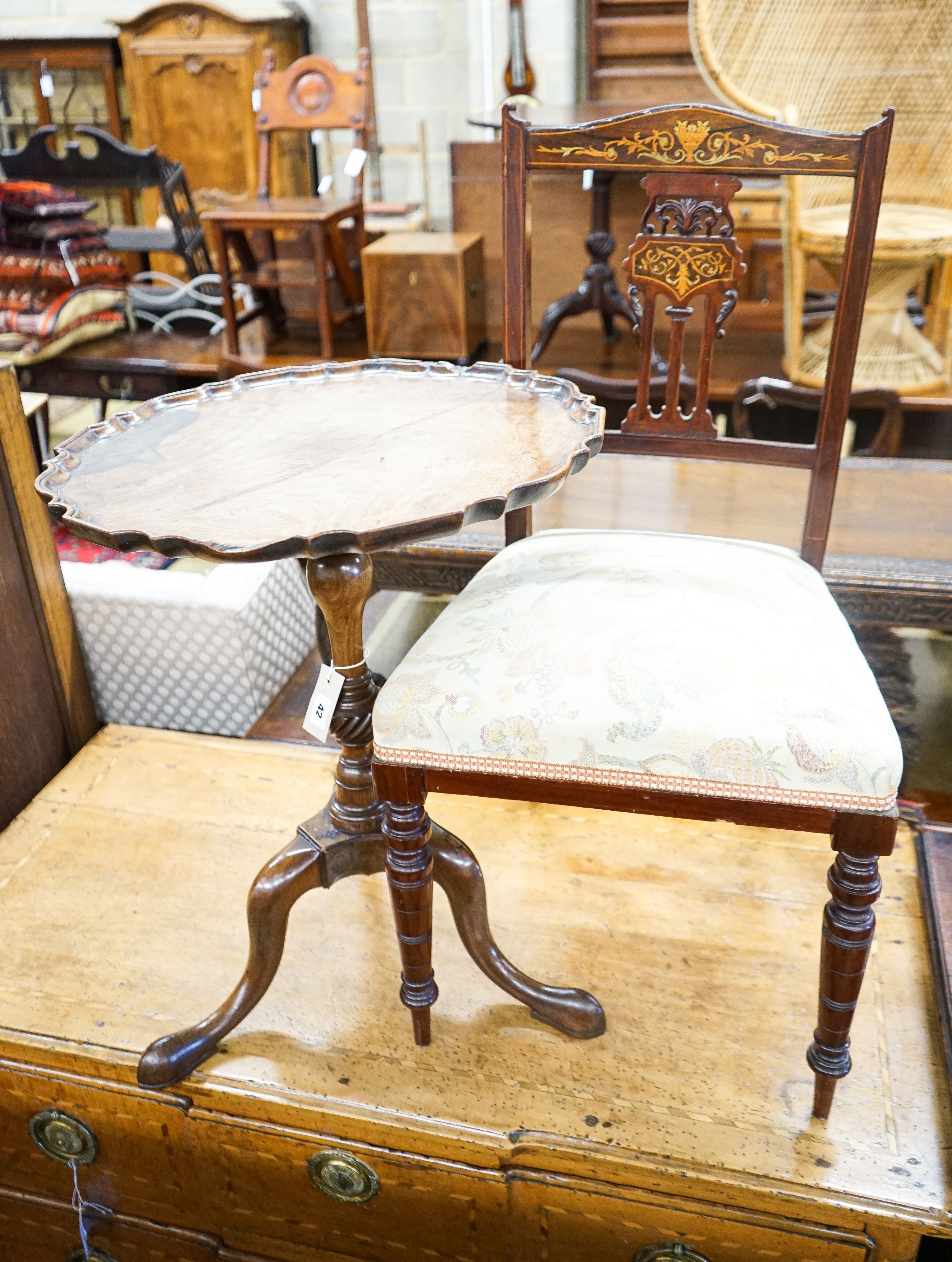 A George II style circular mahogany tripod table, diameter 50cm, height 61cm together with an Edwardian inlaid salon chair                                                                                                  