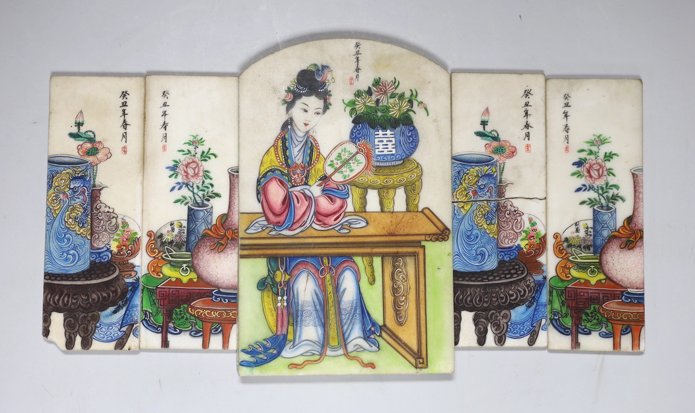 Six Chinese painted marble panels, largest 16 x 10cm                                                                                                                                                                        
