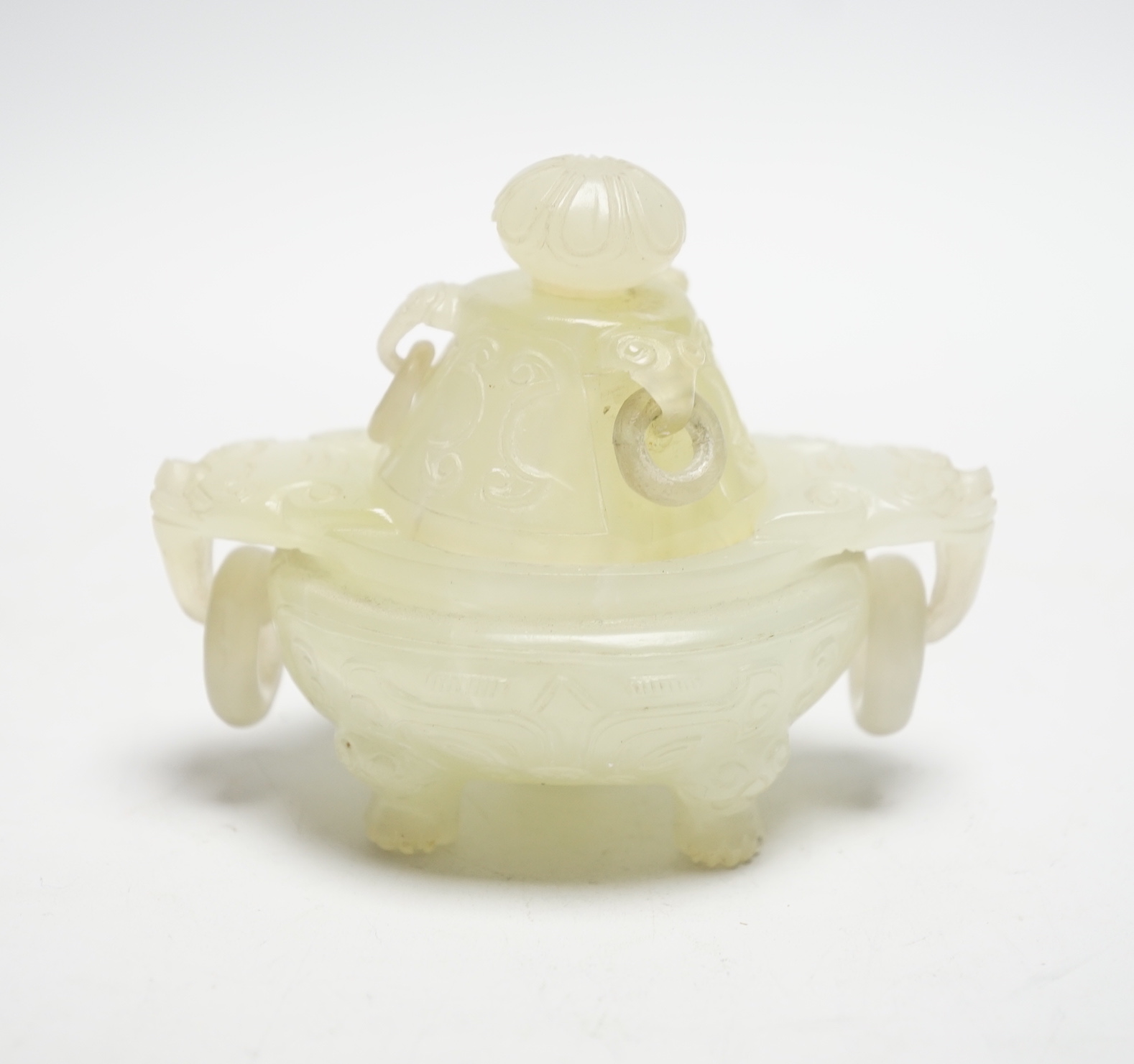 A Chinese carved Bowenite censer and cover, 8cm high                                                                                                                                                                        