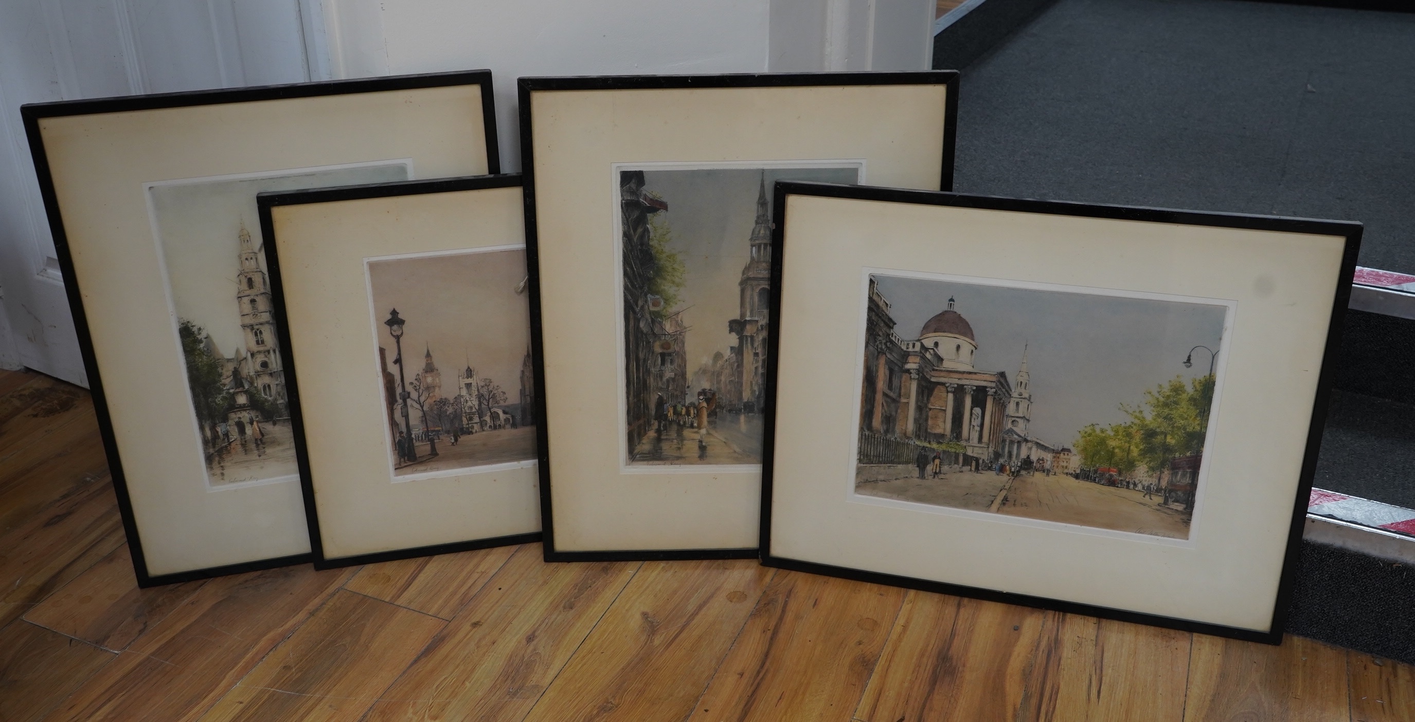 Edward King (1862-1951), a set of four colour etchings, including ‘Bow Church, Cheapside’ and ‘Westminster Abbey’, each signed in pencil, blind stamped, with the museum galleries labels verso, each 29 x 39cm. Condition -