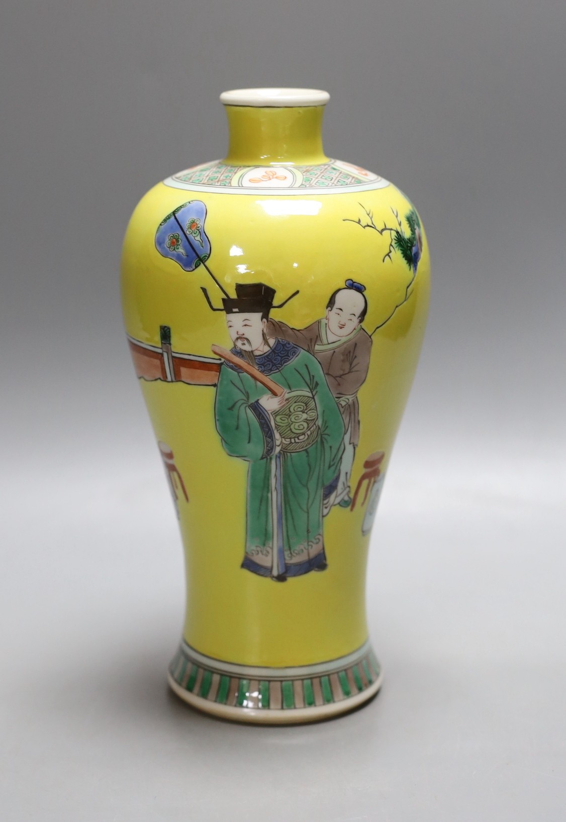 A Chinese yellow ground figural decorated baluster jar, 22cm                                                                                                                                                                