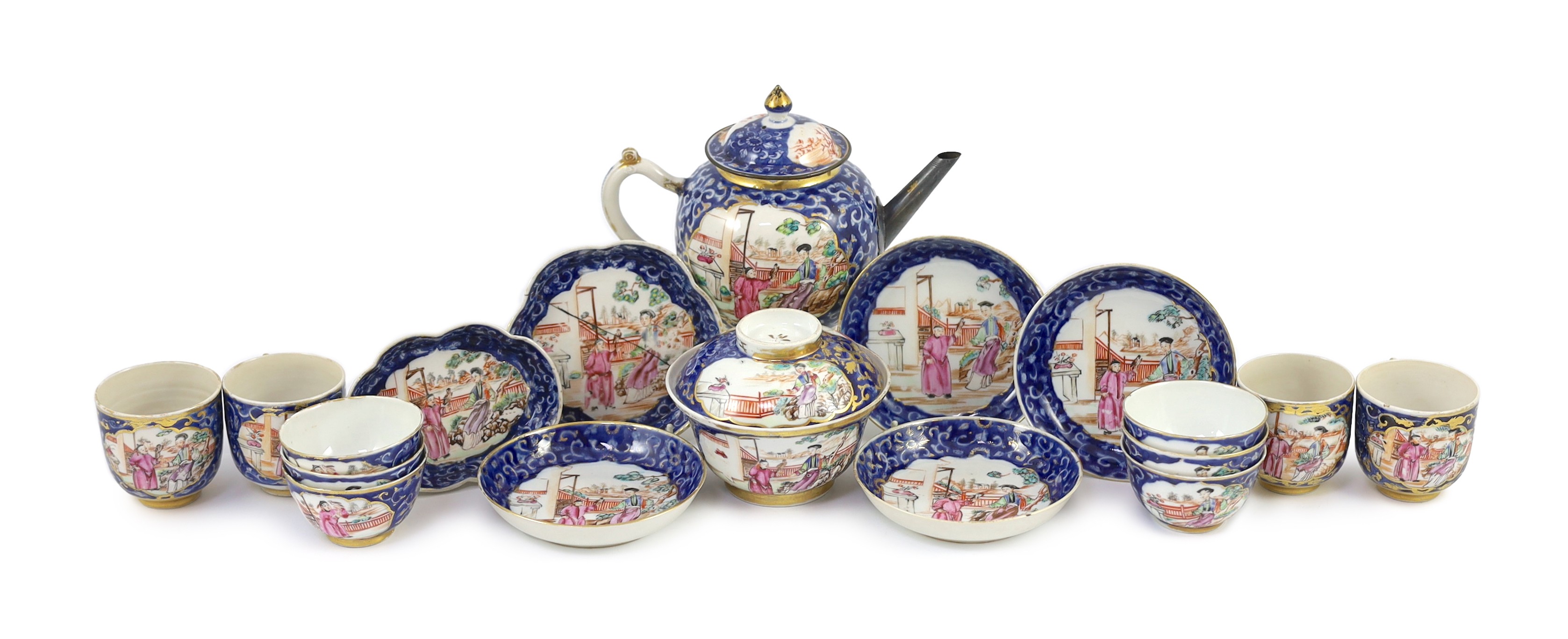 A Chinese export famille rose part tea and coffee set, Qianlong period, teapot 15cm high, some damage and wear to gilding                                                                                                   