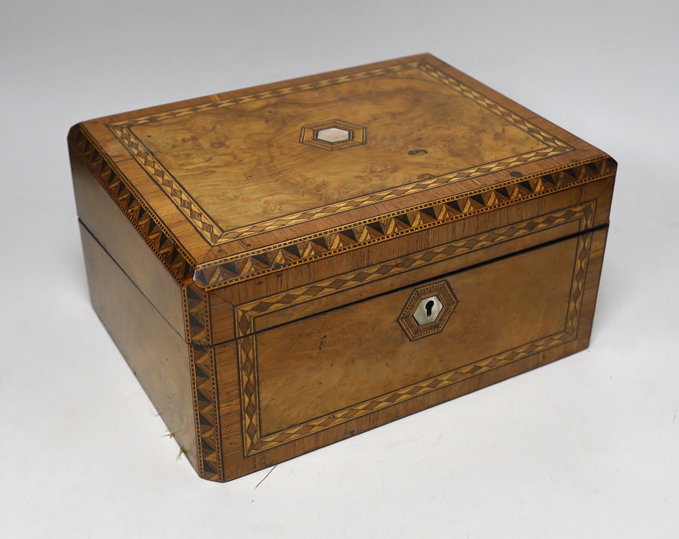 A Victorian walnut and parquetry writing slope, 30 cm wide x 23cm deep                                                                                                                                                      