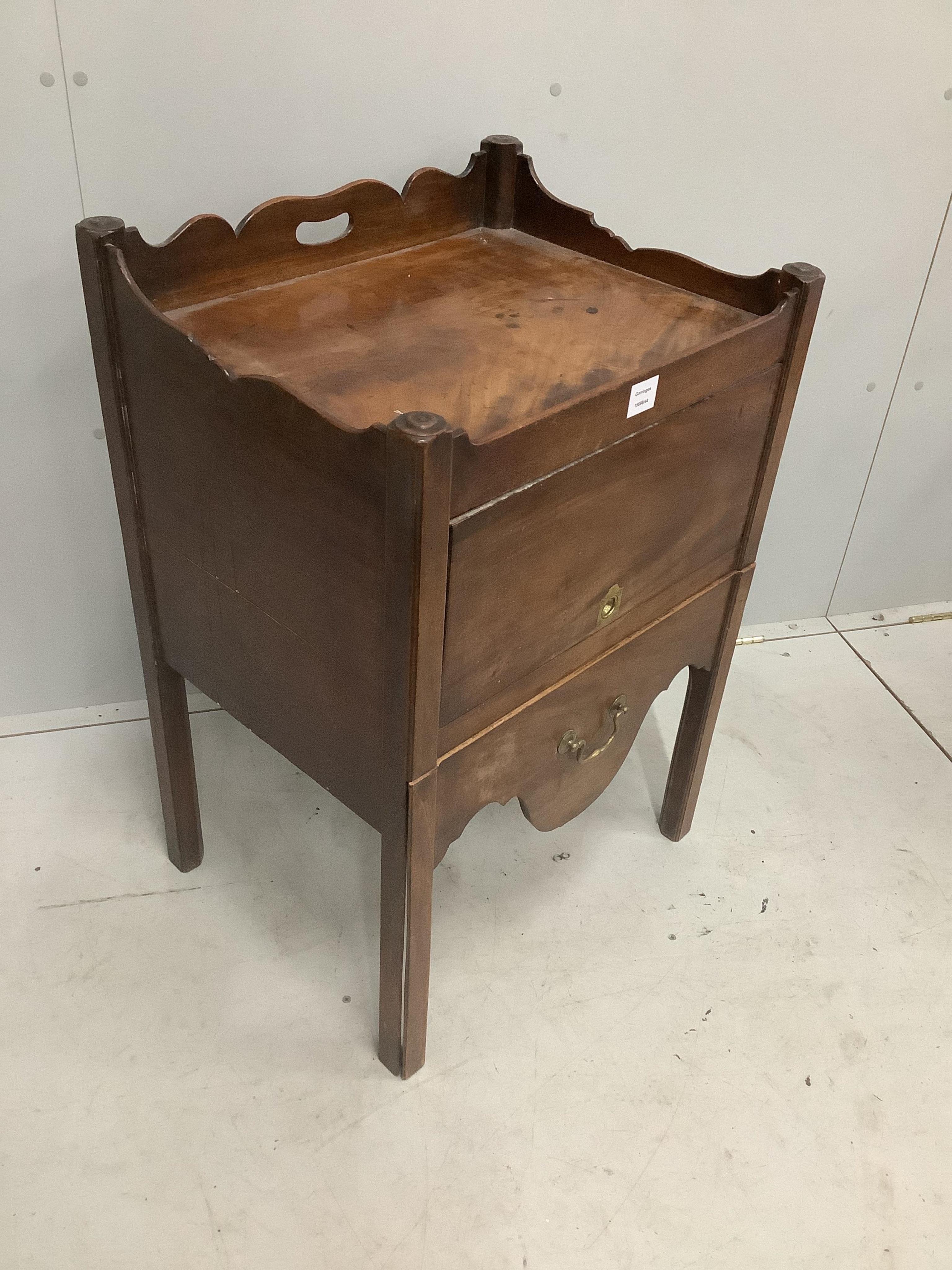 A George III mahogany tray top bedside cabinet, adapted, width 59cm, depth 46cm, height 86cm. Condition - poor to fair                                                                                                      