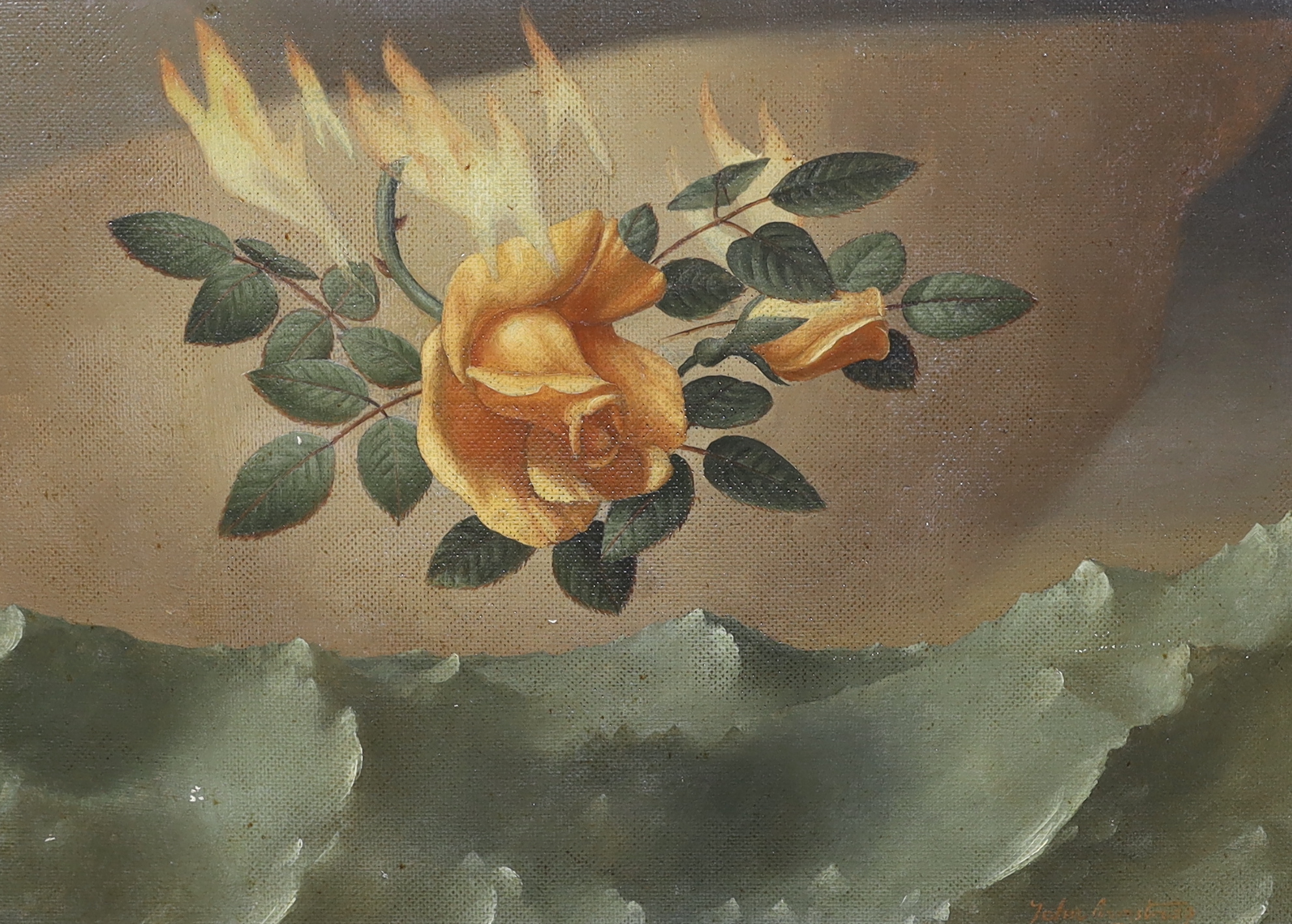 John Armstrong ARA (British, 1893-1973), 'Roses burning over the sea', oil on board, 37 x 52cm                                                                                                                              