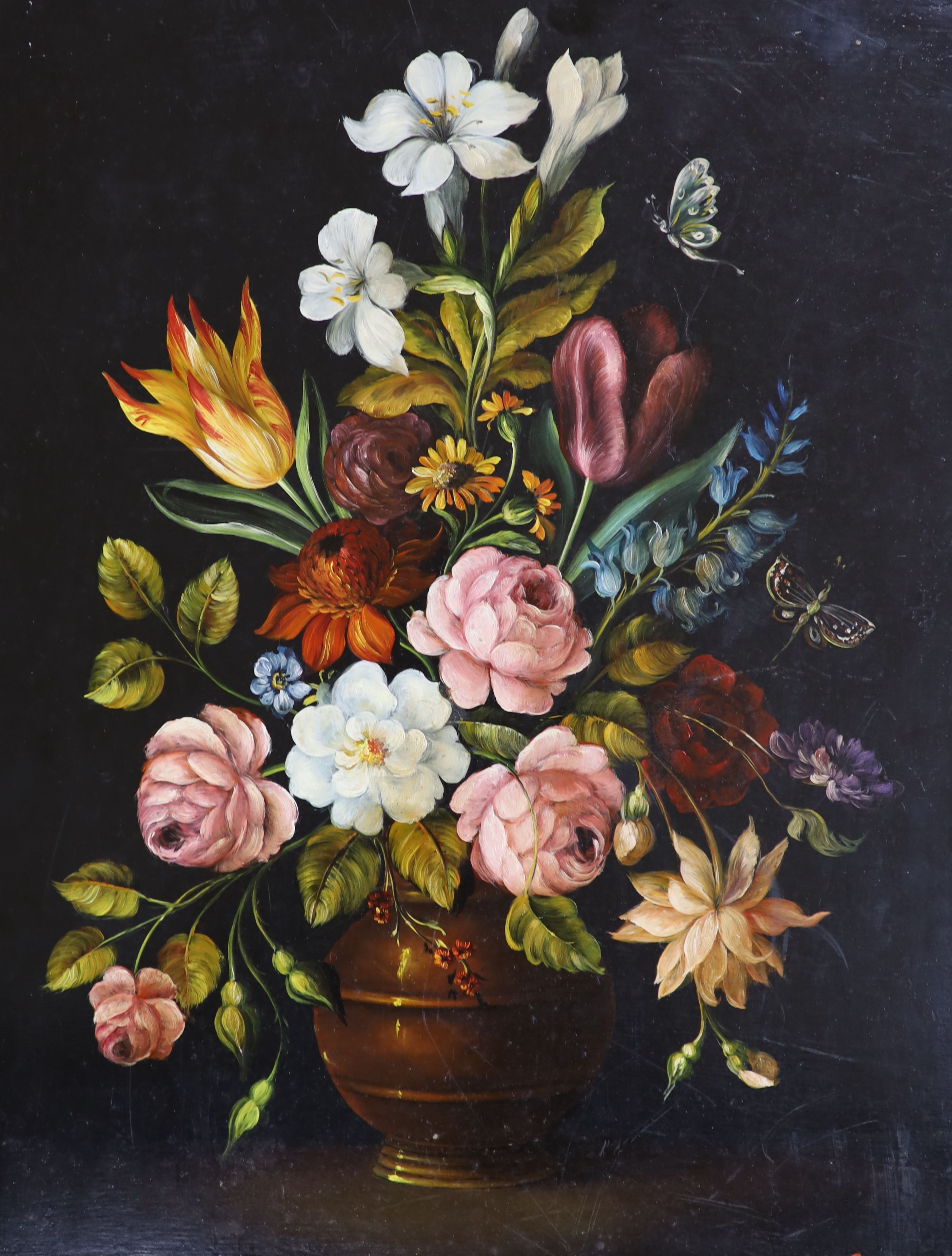 Continental School, oil on panel, Still life of flowers in a vase, 40 x 31cm, unframed                                                                                                                                      