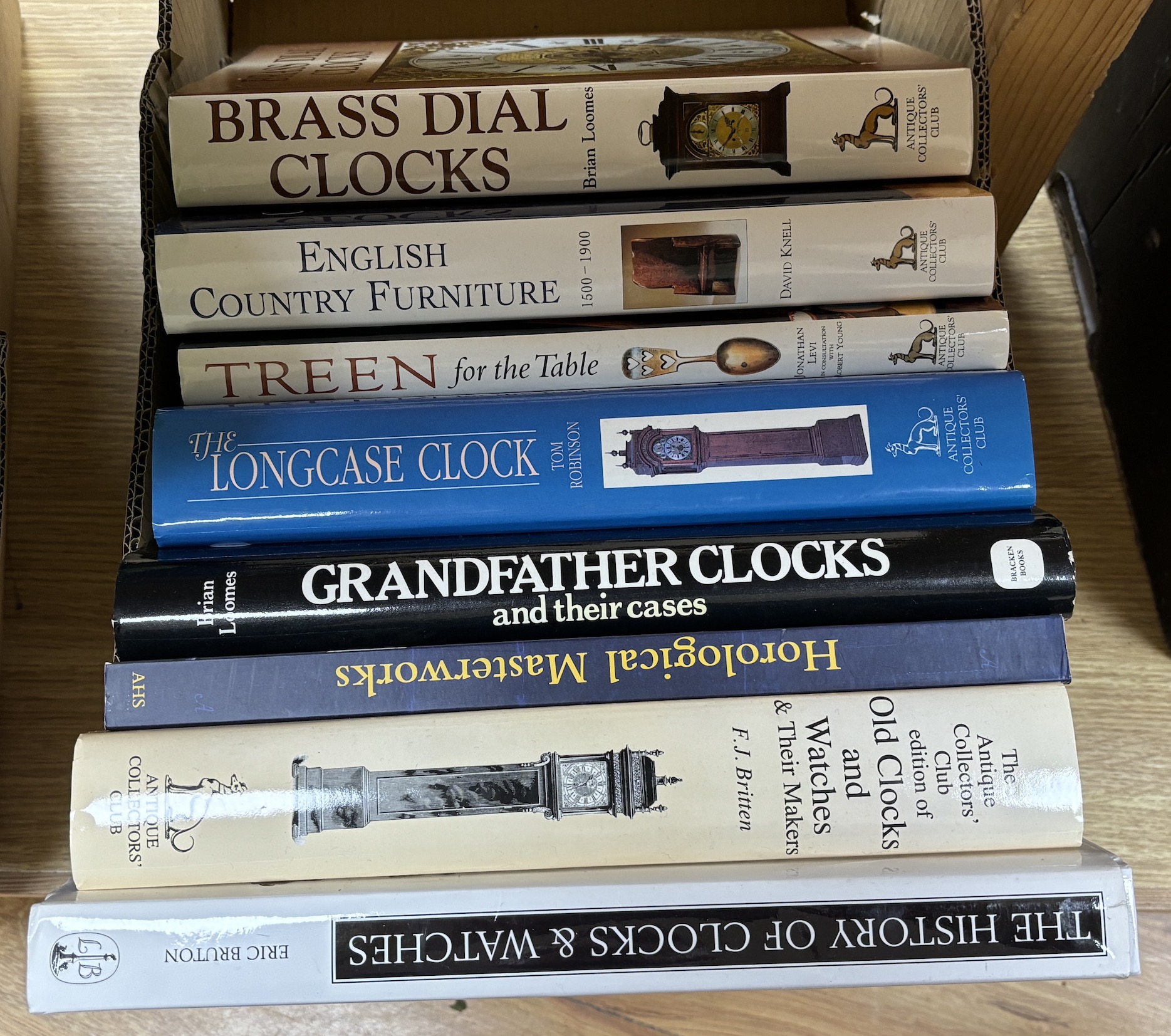 Eight Antique and Clock reference books, including; Brass Dial Clocks, The Longcase Clock, Grandfather Clocks, The History of Clocks and Watches, etc.                                                                      