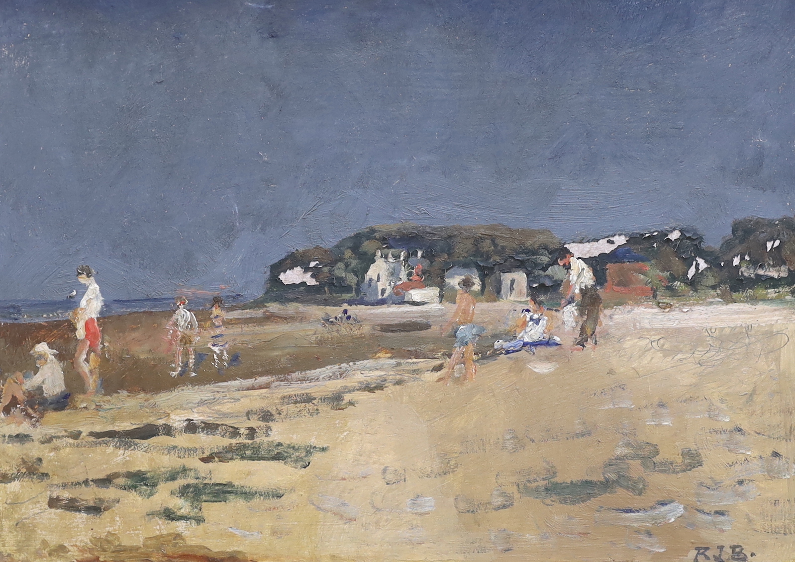 Rodney Joseph Burn RA (1899–1984), oil on board, Figures on a beach, monogrammed, 42cm x 29cm                                                                                                                               