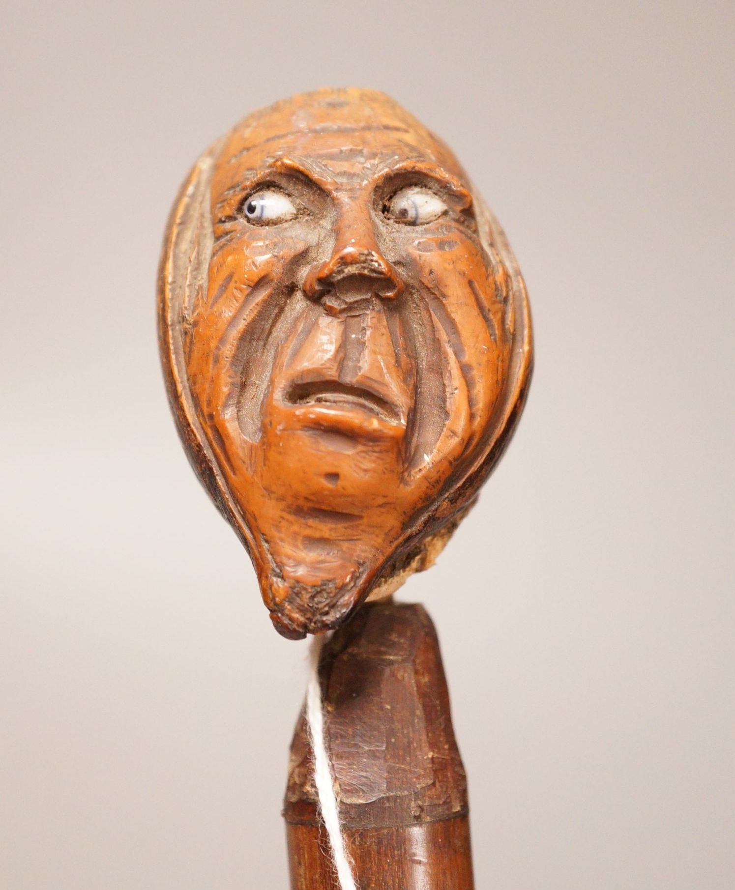 A 19th century continental carved head with glass eyes on associated cane stick. Total length 92cm                                                                                                                          