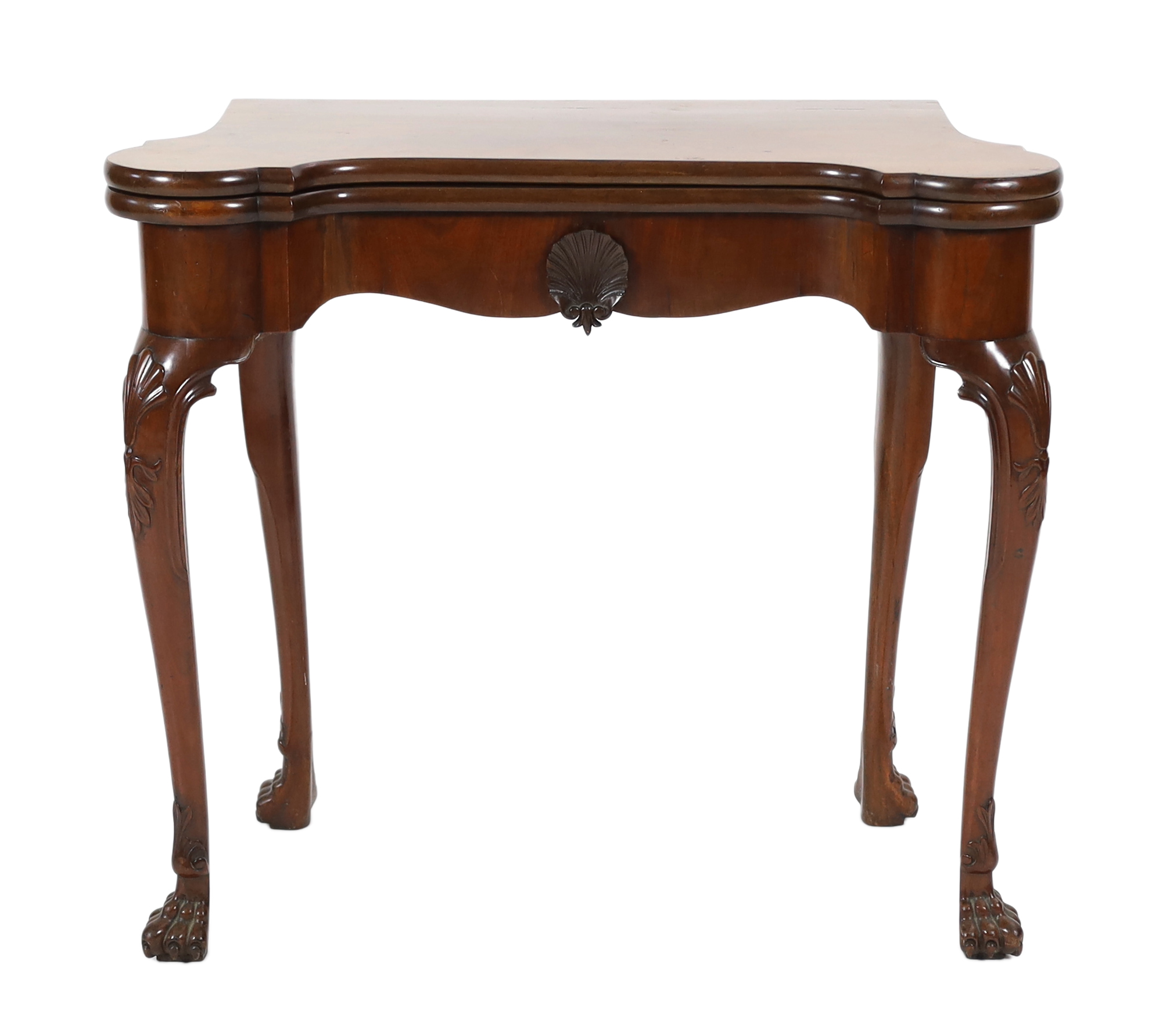 A George II mahogany serpentine folding top tea table, 80cm wide, 40cm deep, 75cm high                                                                                                                                      