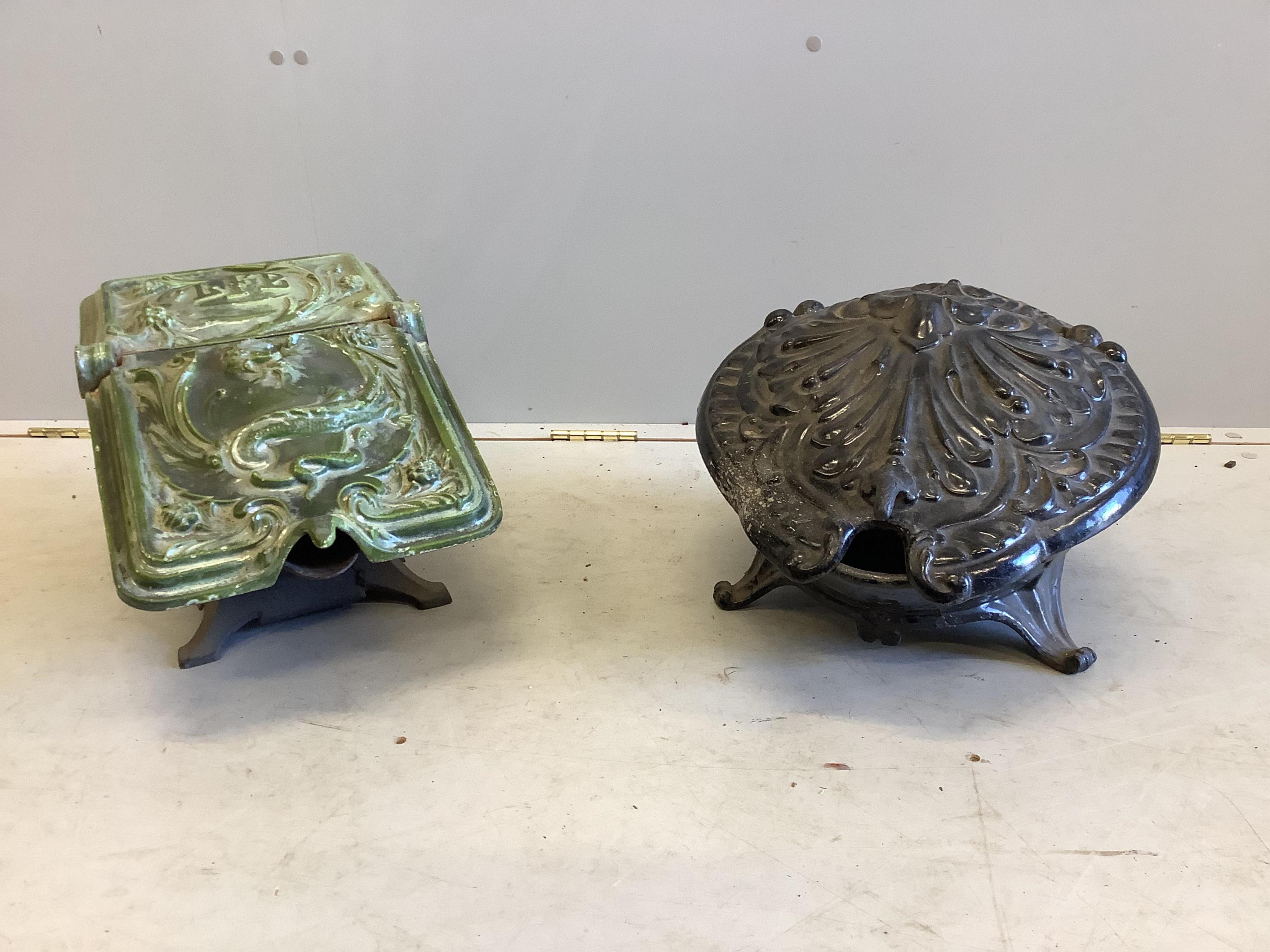 Two late 19th century enamelled cast iron coal scuttles, larger width 38cm, height 22cm                                                                                                                                     