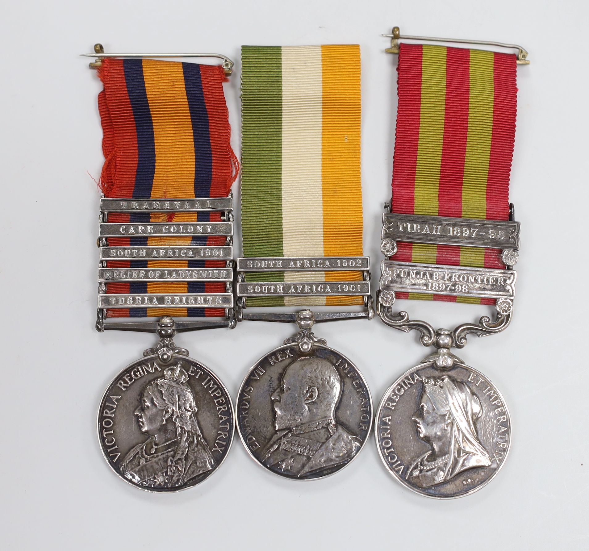 Victoria and Edward VII military medals to: 2733 PTE. F. NORGATE DEVON REGT. including IGSM with Tirah and Punjab frontier clasps, QSA with Transvaal, Cape Colony, South Africa 1901, Relief of Ladysmith and Tugela Height