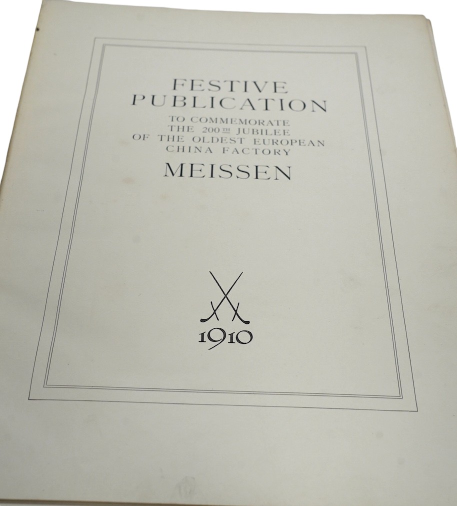 [Berling, K] Festive Publication to Commemorate the 200th Jubilee of the Oldest European China Factory, Meissen. mounted portrait frontis., num. plates and other illus.; original gilt lettered cloth, patterned e/ps., fol