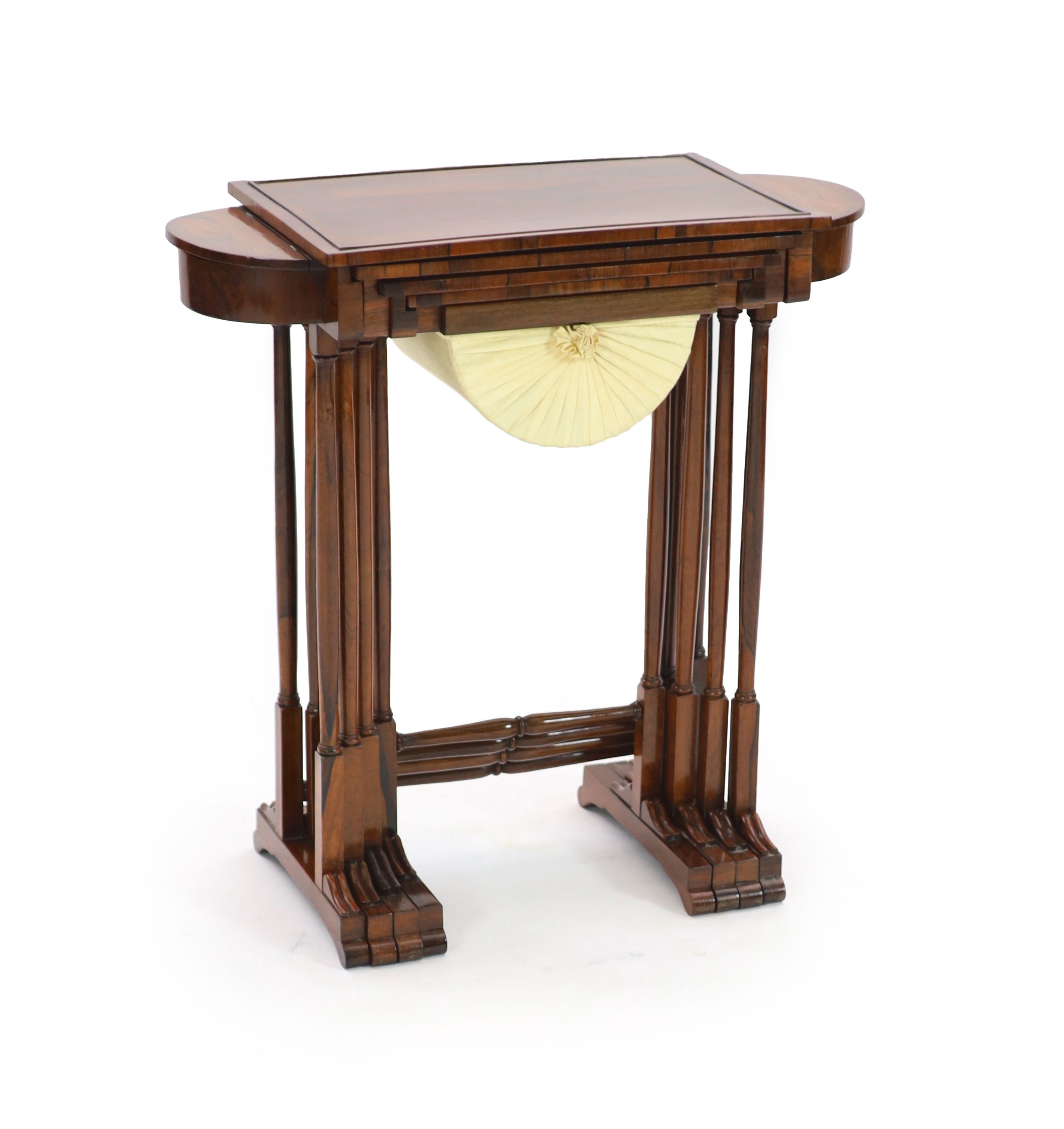 An unusual George IV nest of rosewood quartetto sewing tables, W.68cm D.32cm H.69cm                                                                                                                                         