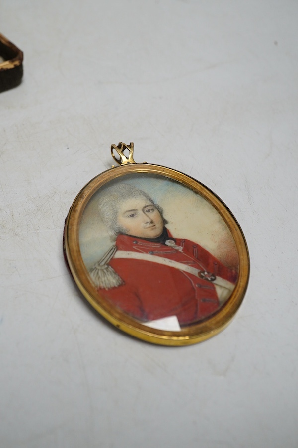 Manner of John Smart (1741-1811), early 19th century portrait miniature on ivory, Portrait of a gentleman wearing military uniform, unsigned, housed in a gilt locket mount, 6.5 x 5cm. Condition - fair CITES Submission re