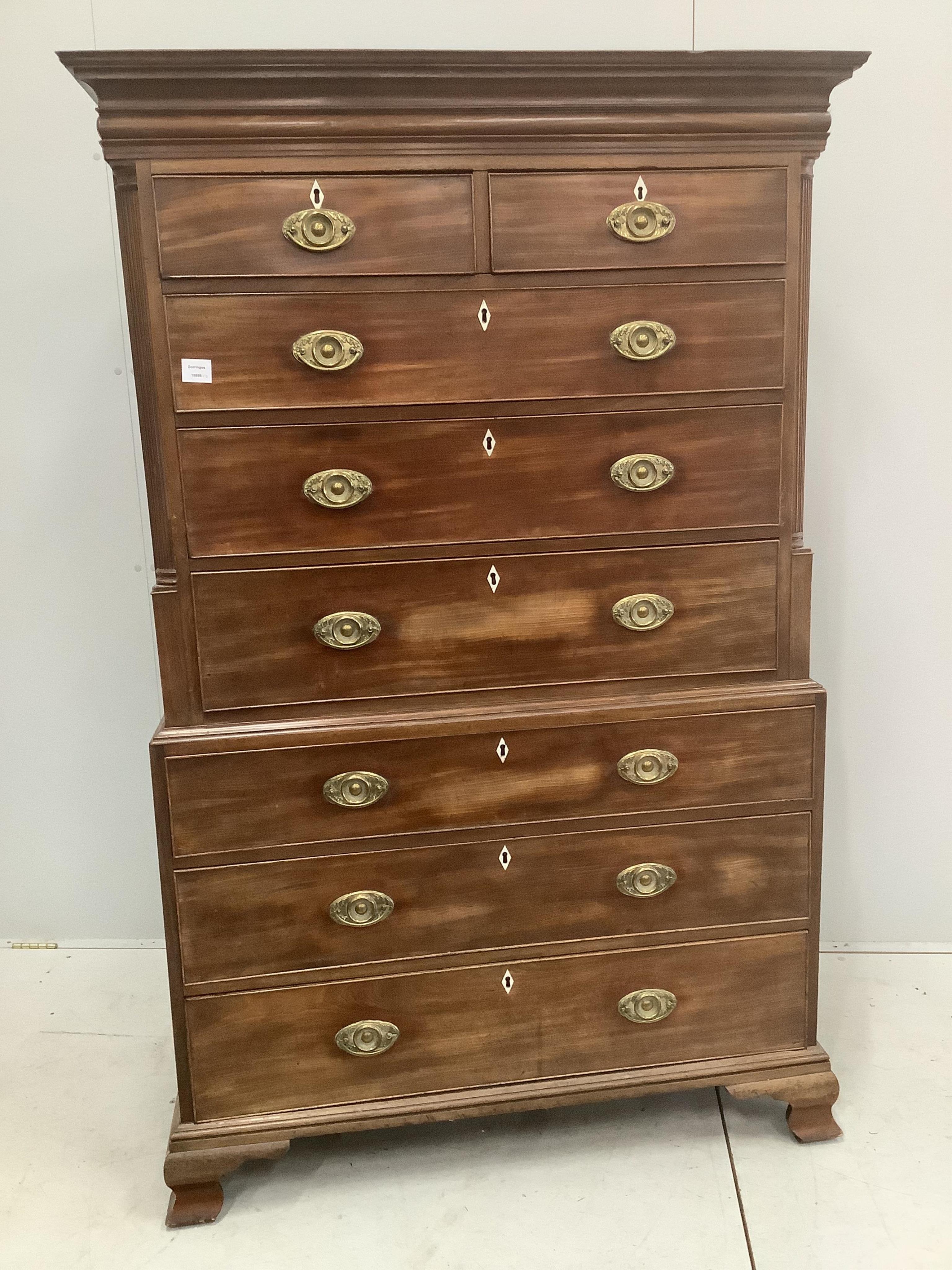 A George III mahogany chest on chest, width 111, depth 58cm, height 174cm. Condition - fair                                                                                                                                 