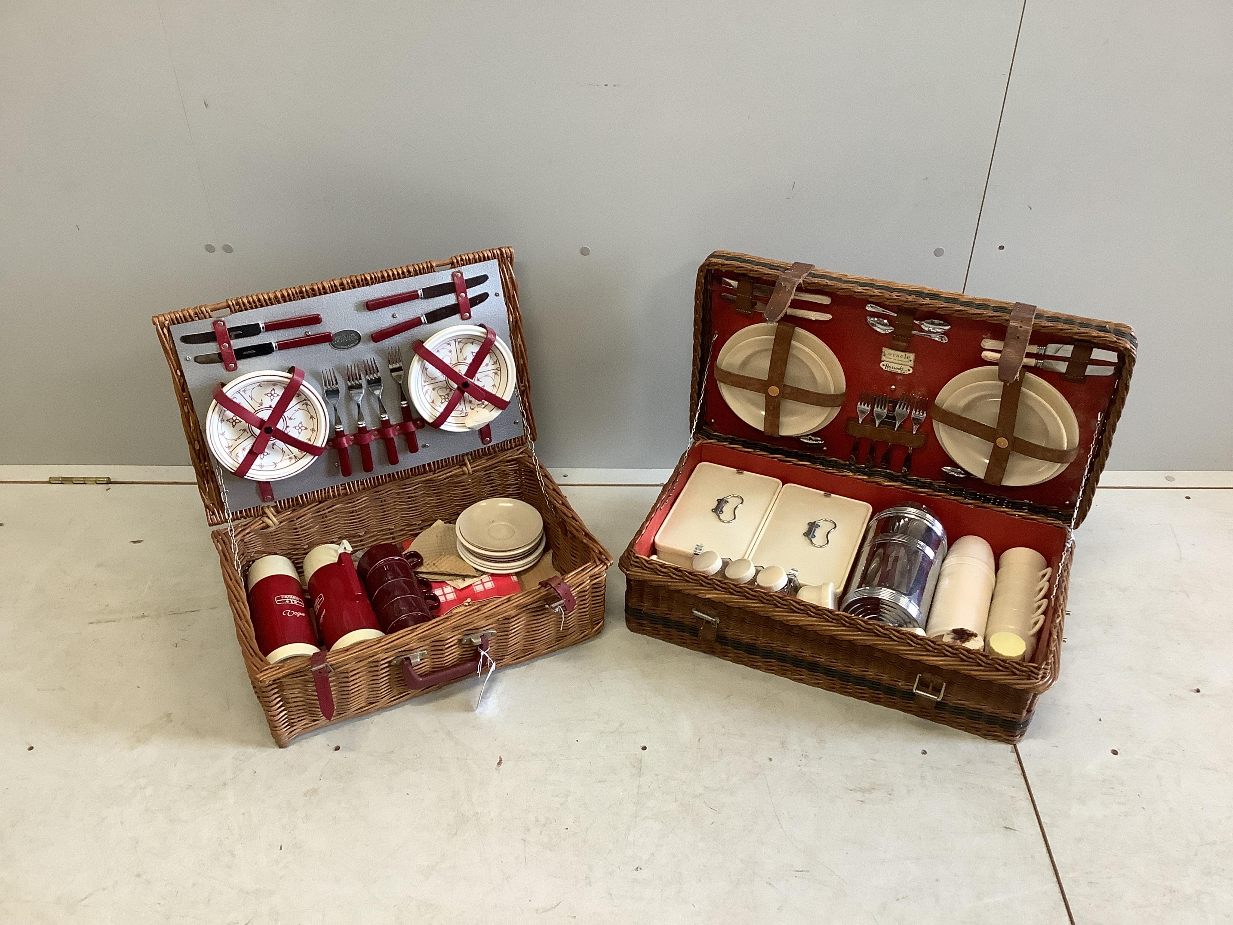 Two vintage picnic hampers with contents, larger width 64cm, depth 35cm, height 21cm. Condition - fair                                                                                                                      