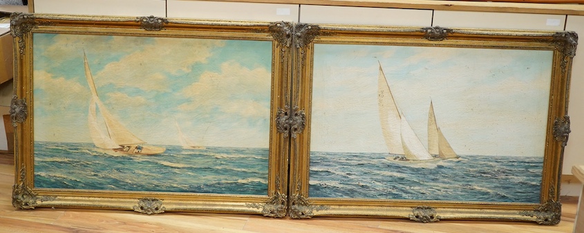 M. G. Friedrich (German, 1800-1899), pair of oils on canvas, Yachts at sea, each signed, 60 x 90cm. Condition - poor                                                                                                        