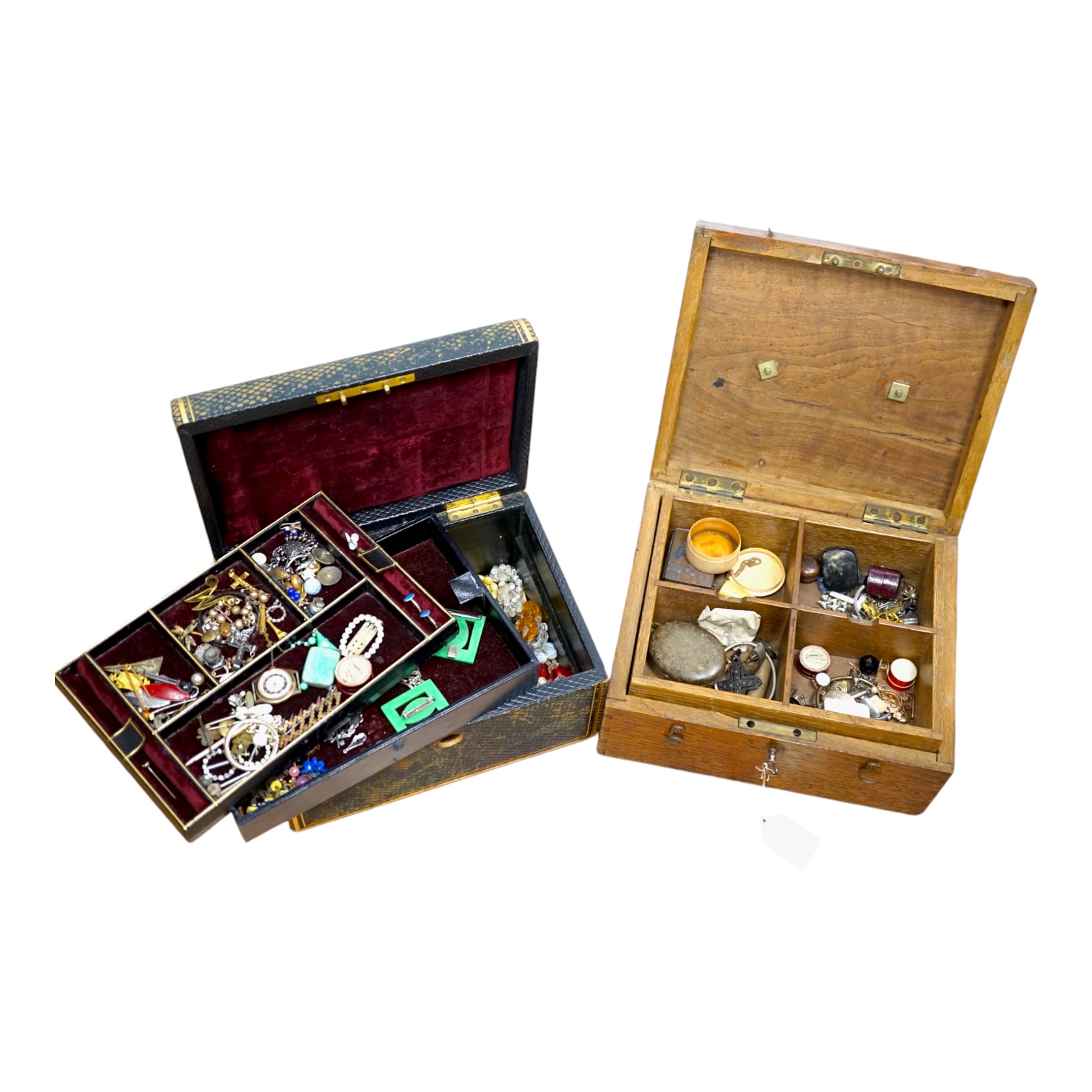 A quantity of assorted 19th century and mainly later costume jewellery and other items including folding tortoiseshell lorgnettes, antimony box, fob seal, silver and hardstone anchor brooch, white metal and enamel rings,