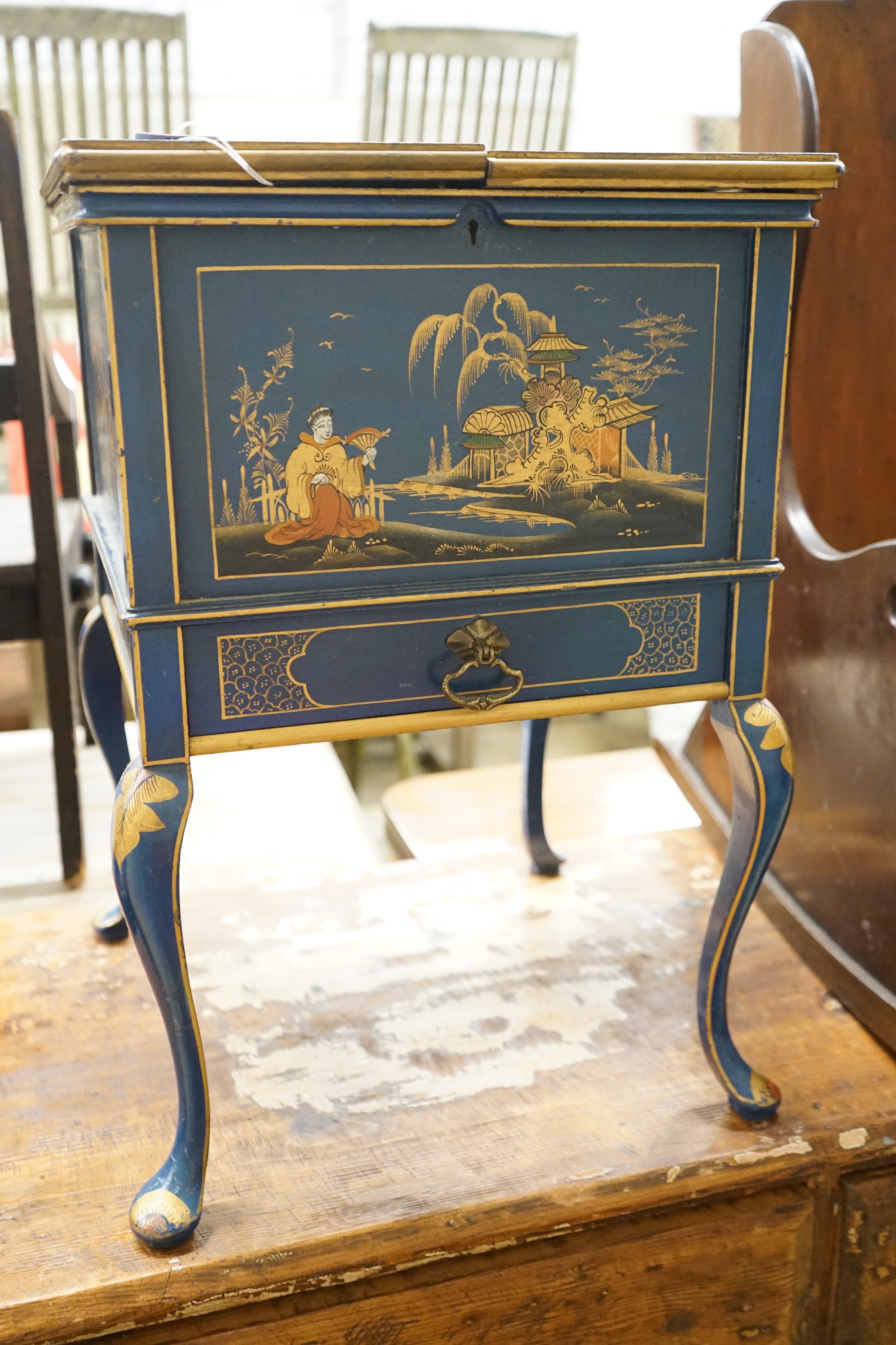 A 1920's square chinoiserie lacquer work box, Width 36cm, height 53cm                                                                                                                                                       