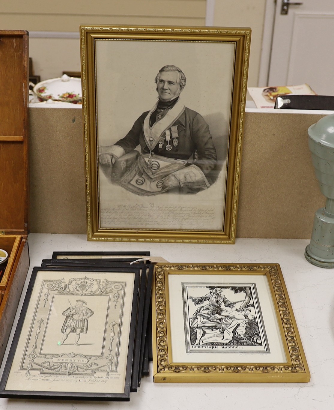 Hawkins after Wale, five engravings from Barnard's History of England, 34 x 20cm, Maximilien Vox (1894-1974), a woodblock print, Wayfare at Resting, 17 x 23cm, and a Masonic portrait of William Plows                     