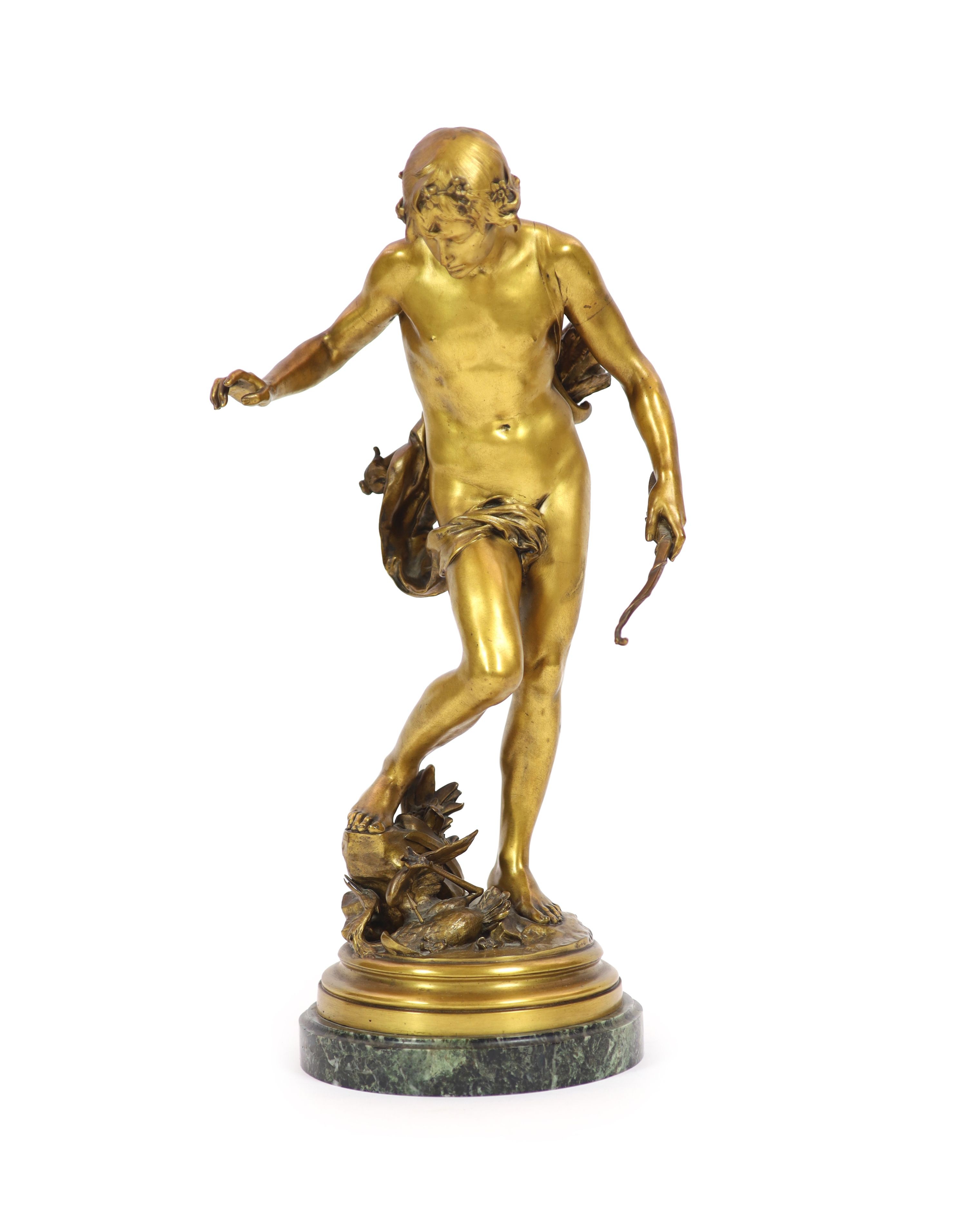 Eugene Quinton (1853-1892) a large gilt bronze figure ‘The Young Hunter’, H 61 cm.                                                                                                                                          