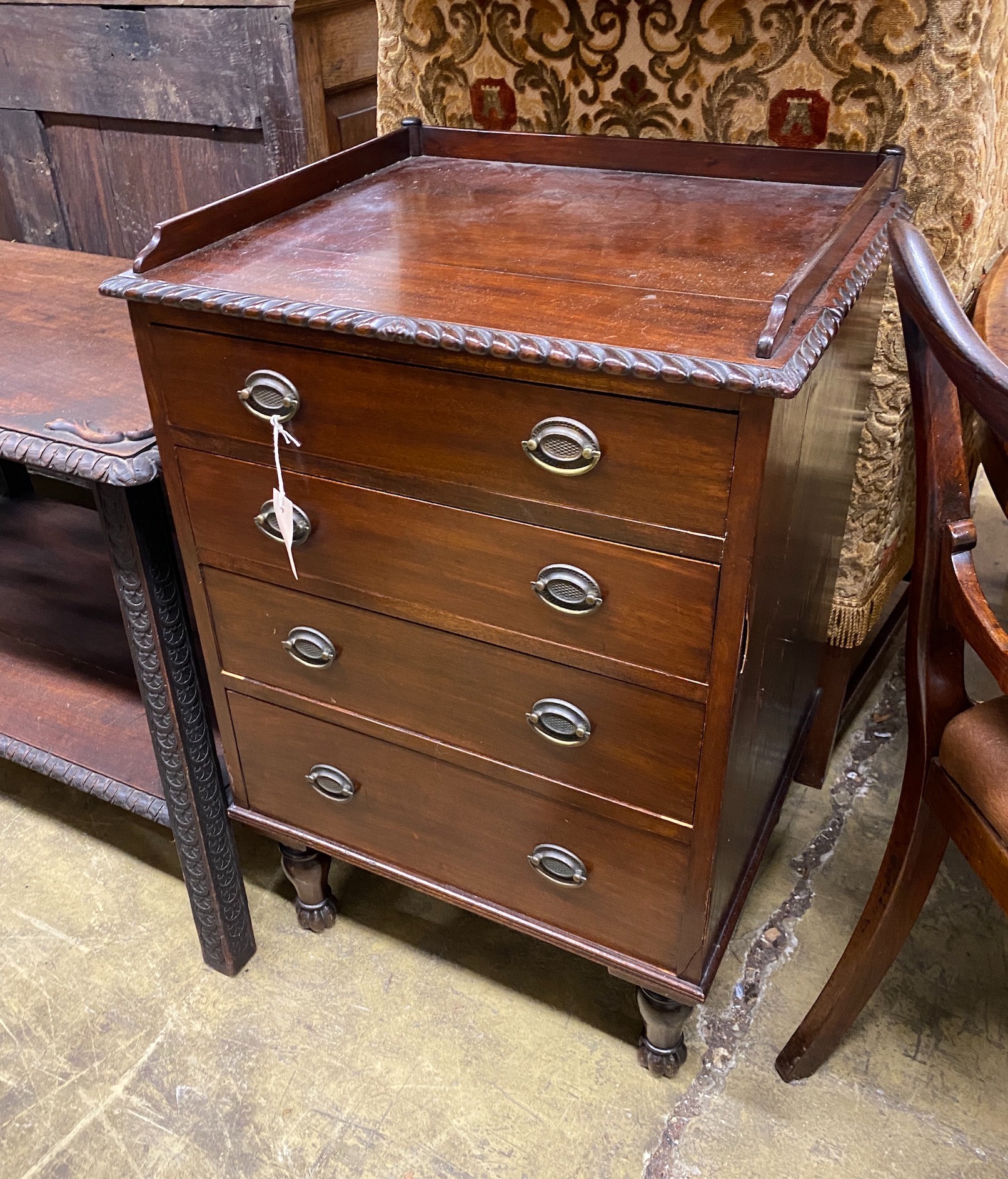 A small 1920's mahogany four drawer chest, width 56cm, depth 47cm, height 83cm                                                                                                                                              