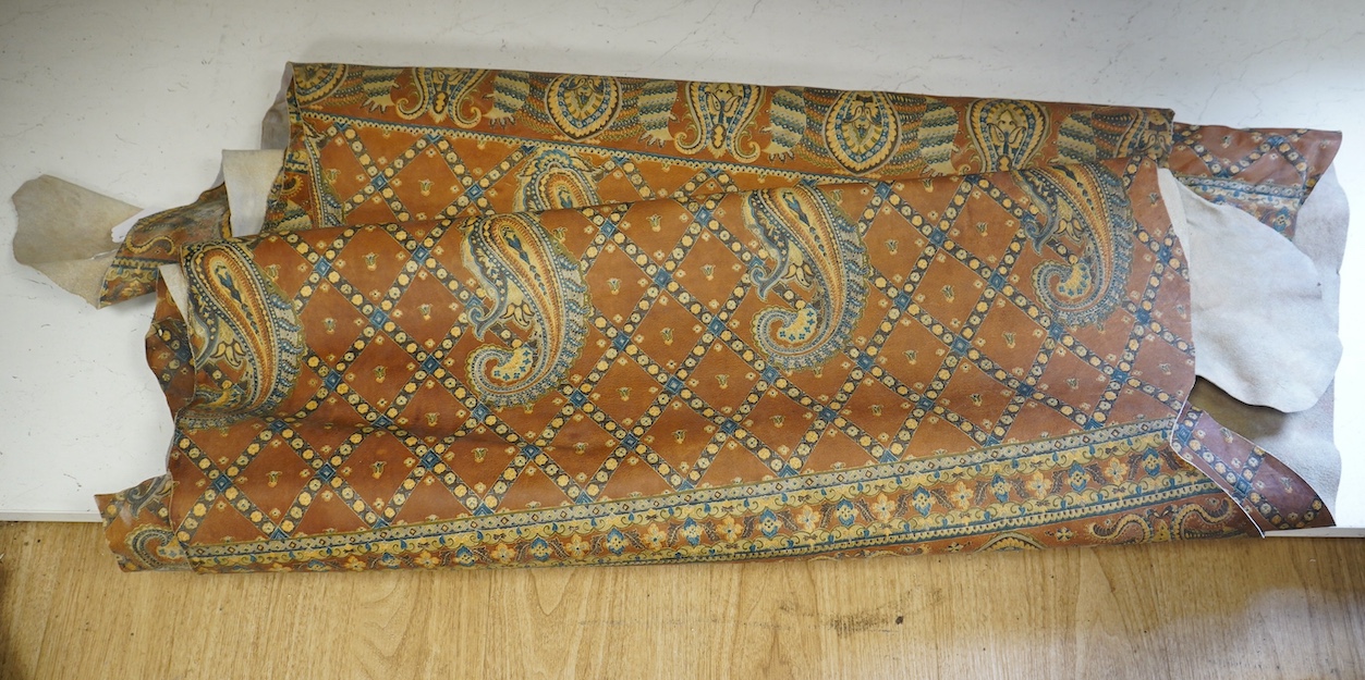 Three leather hides with printed boteh pattern decoration. Condition -fair                                                                                                                                                  