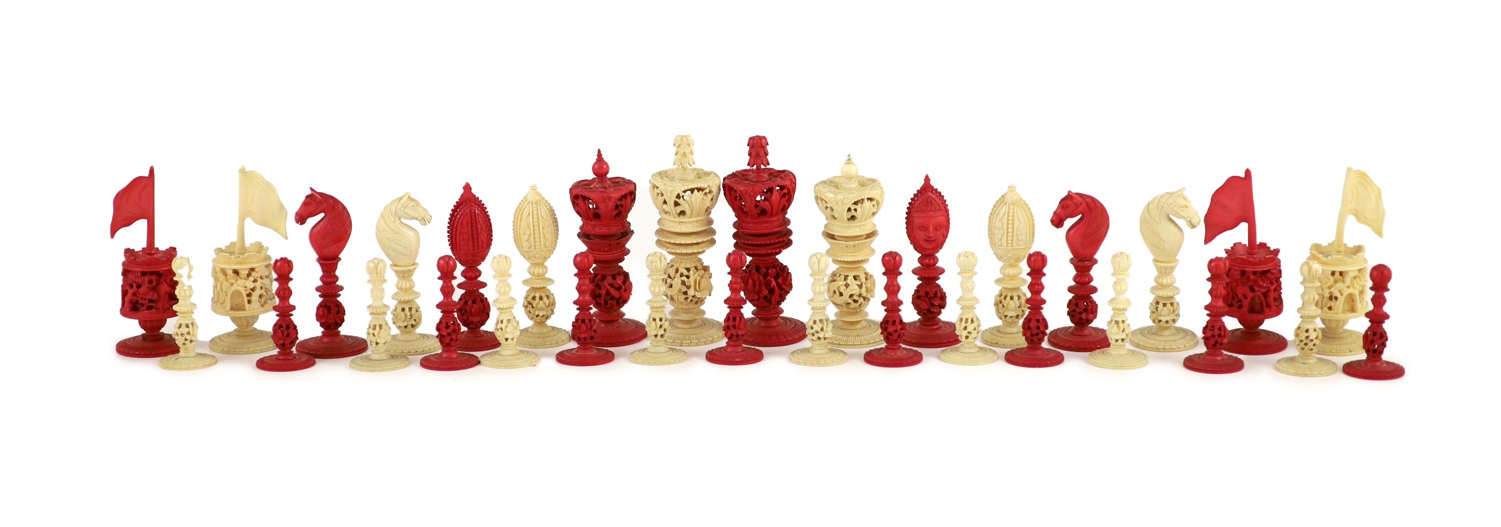 A 19th century Canton Burmese pattern ivory chess set Kings 11cm.                                                                                                                                                           
