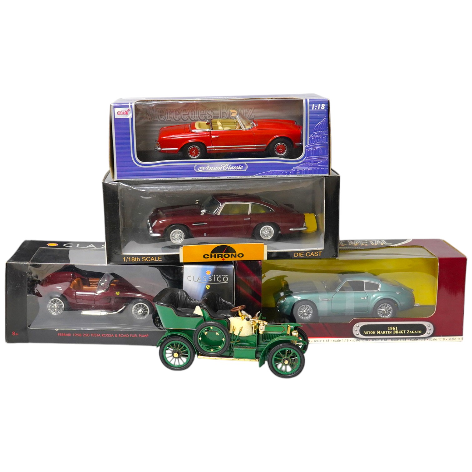 Five boxed large scale diecast cars; a 1:16 scale Franklin Mint 1905 Rolls-Royce 10hp, with one wheel detached and one side lamp detached (both present), together with four 1:18 scale cars; a Chrono Aston Martin DB5, a R