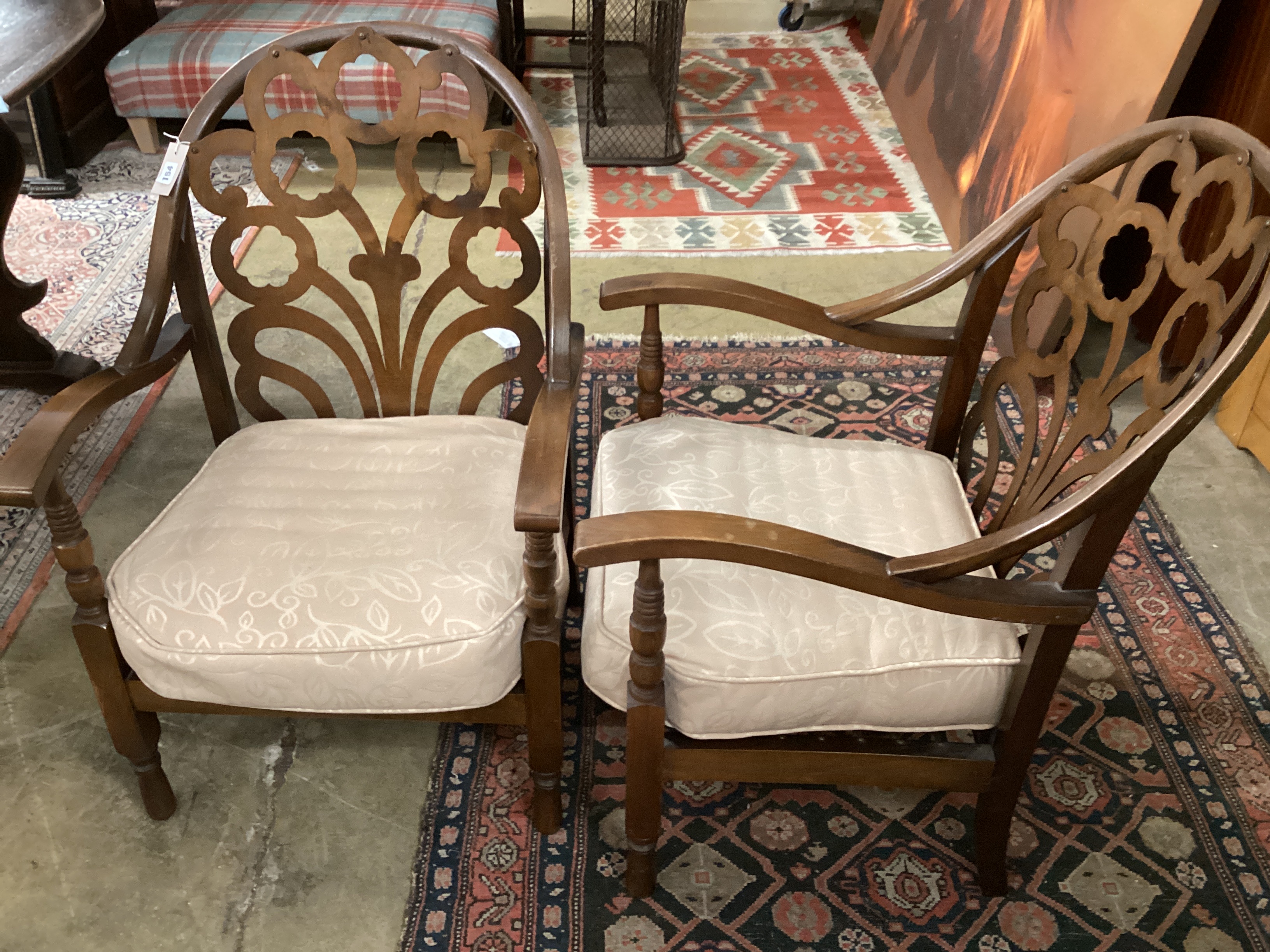 A pair of Art Deco style Scandinavian beech armchairs, width 56cm, depth 50cm, height 86cm.                                                                                                                                 