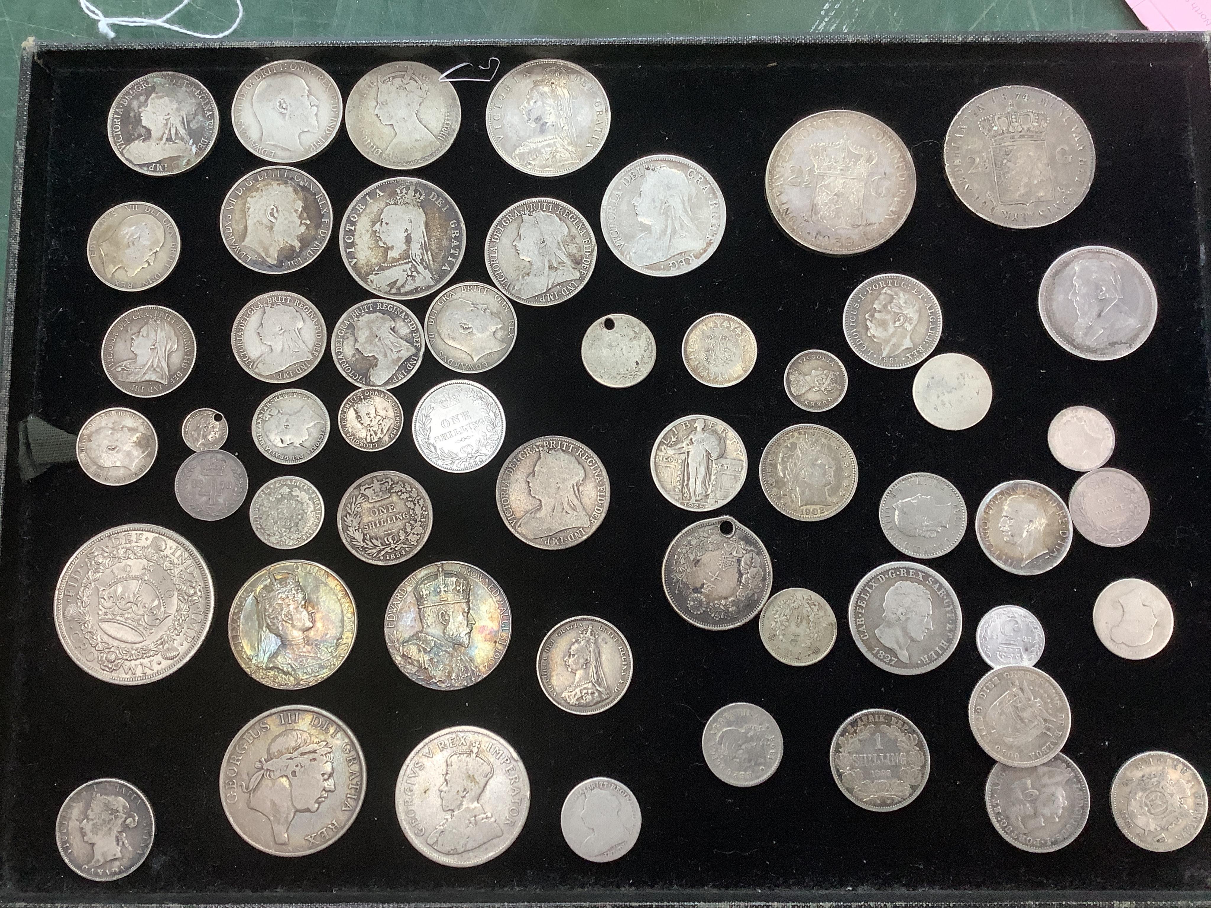 A quantity of British, Dutch, South Africa etc silver coins, 19th- early 20th century, to include a George V crown 1930, about EF etc.                                                                                      