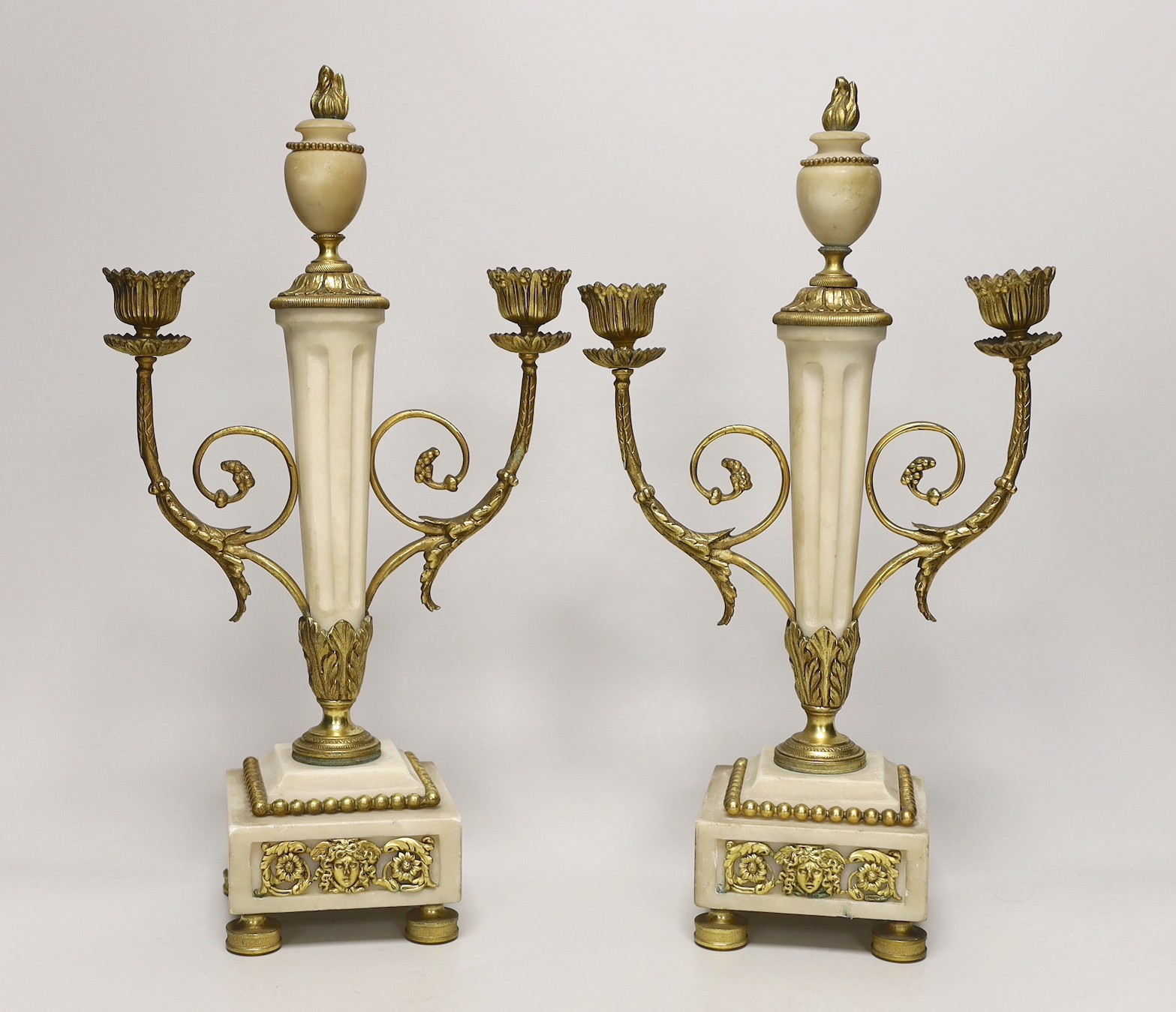 A pair of 19th century French alabaster and gilt metal mounted candelabra, 36cm                                                                                                                                             
