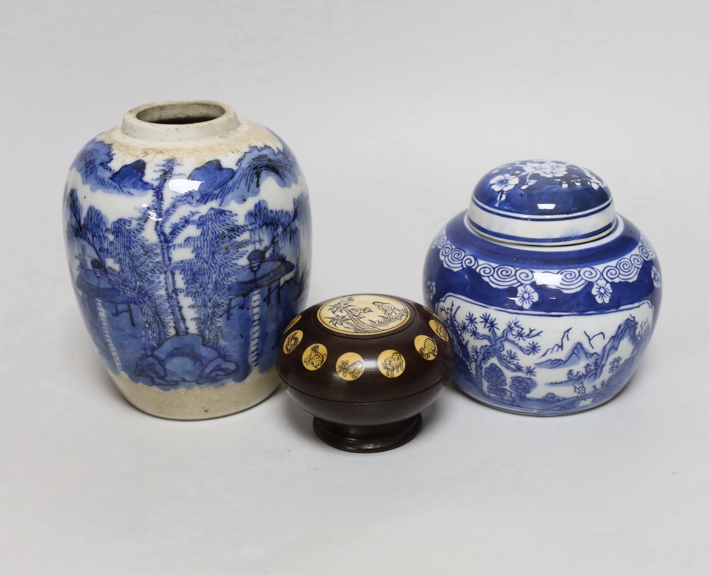 A Chinese ginger jar, another with cover and an ornamental bone and wooden travelling compass, tallest 14cm high                                                                                                            