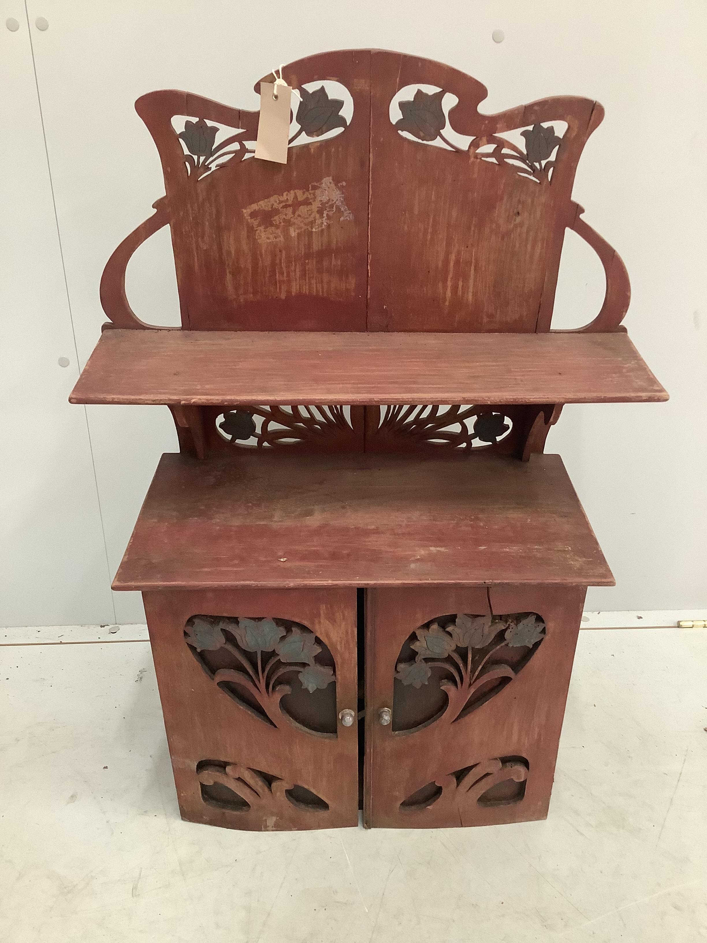 An Art Nouveau style painted wall cabinet, width 60cm, depth 26cm, height 86cm together with a painted hanging open bookcase                                                                                                