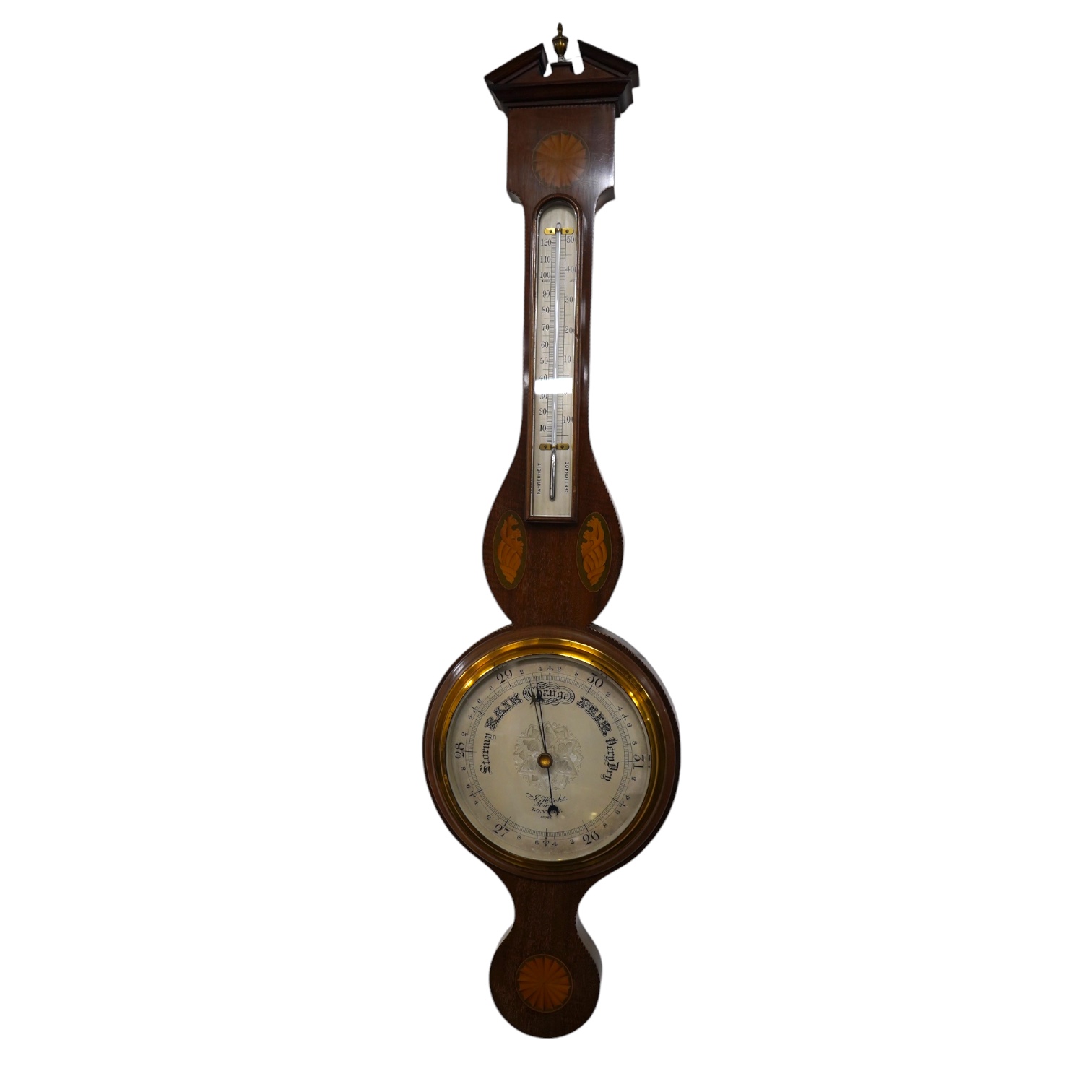 An Edwardian mahogany shell inlaid banjo barometer, maker J Hicks - London, 96cm high. Condition - good                                                                                                                     