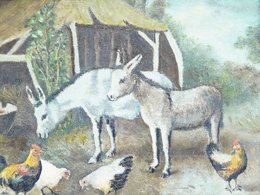 After Edgar Hunt (1876-1953), oil on canvas, Donkeys and poultry before farmland, unsigned, Windsor & Newton stamp to canvas verso, 16 x 21cm. Condition - good                                                             