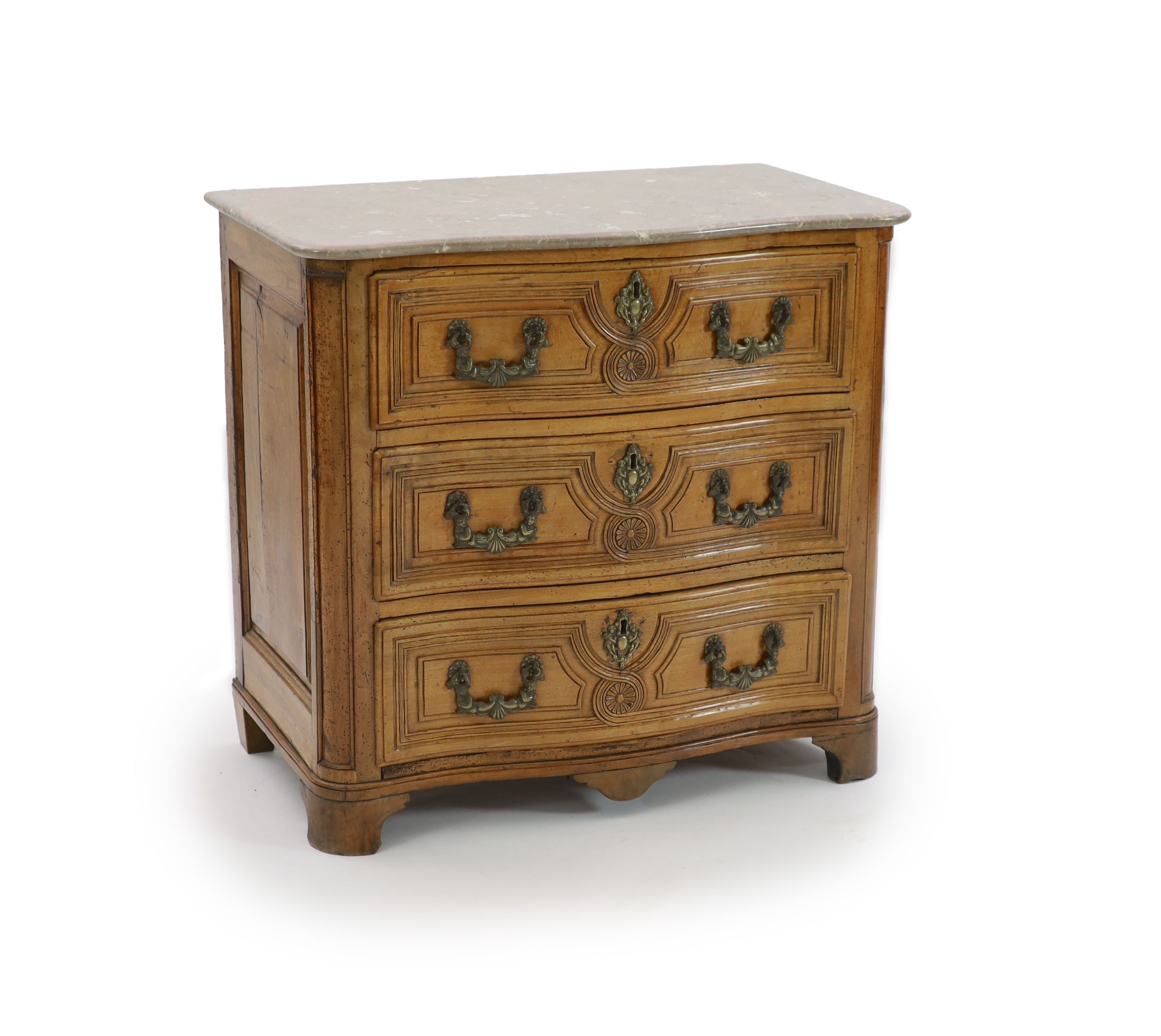 A Louis XVI walnut serpentine commode, W.91cm D.53cm H.86cm                                                                                                                                                                 