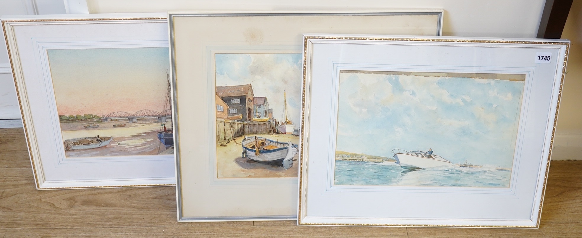 J H Powell (20th. C), three watercolours, Harbour views with moored boats and boats at sea, each signed, largest 27 x 38cm. Condition - poor to fair                                                                        