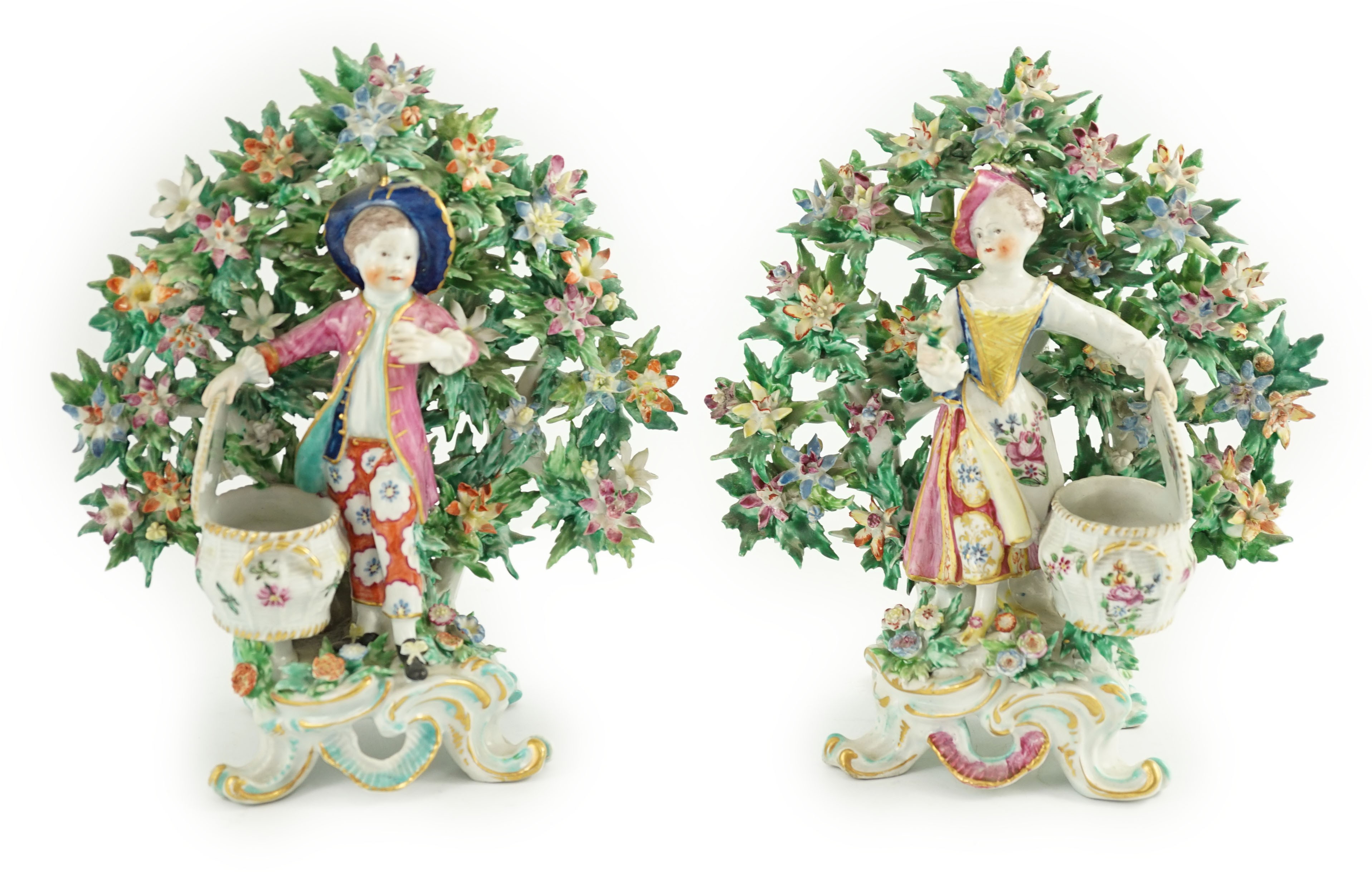 A good pair of Bow porcelain bocage figures, c.1770, 22cm high                                                                                                                                                              