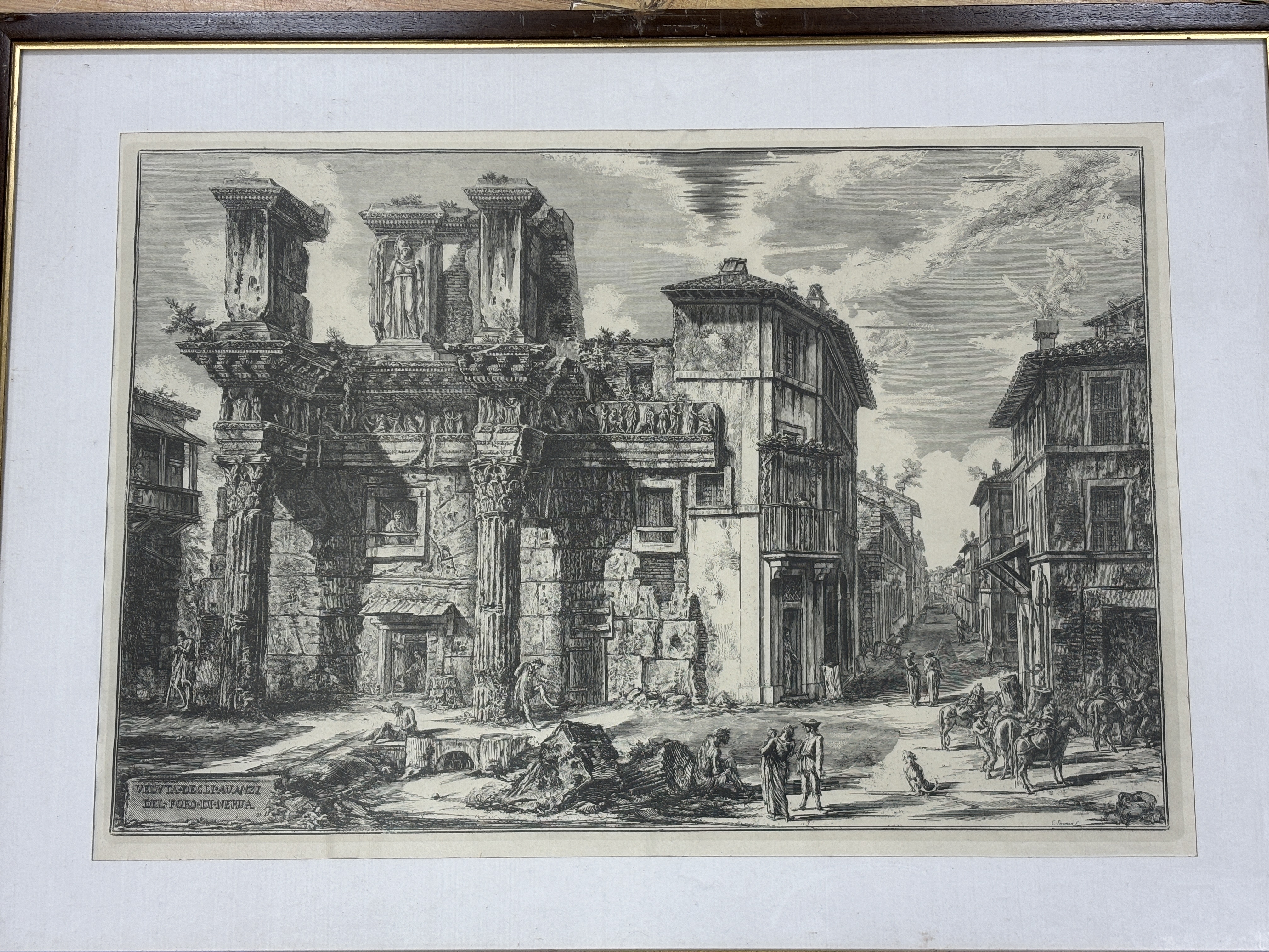 After Giovanni Battista Piranesi (Italian, 1720-1778), etching, ‘The Forum of Nerva with two half buried Corinthian columns’, signed in plate, 40 x 58cm                                                                    