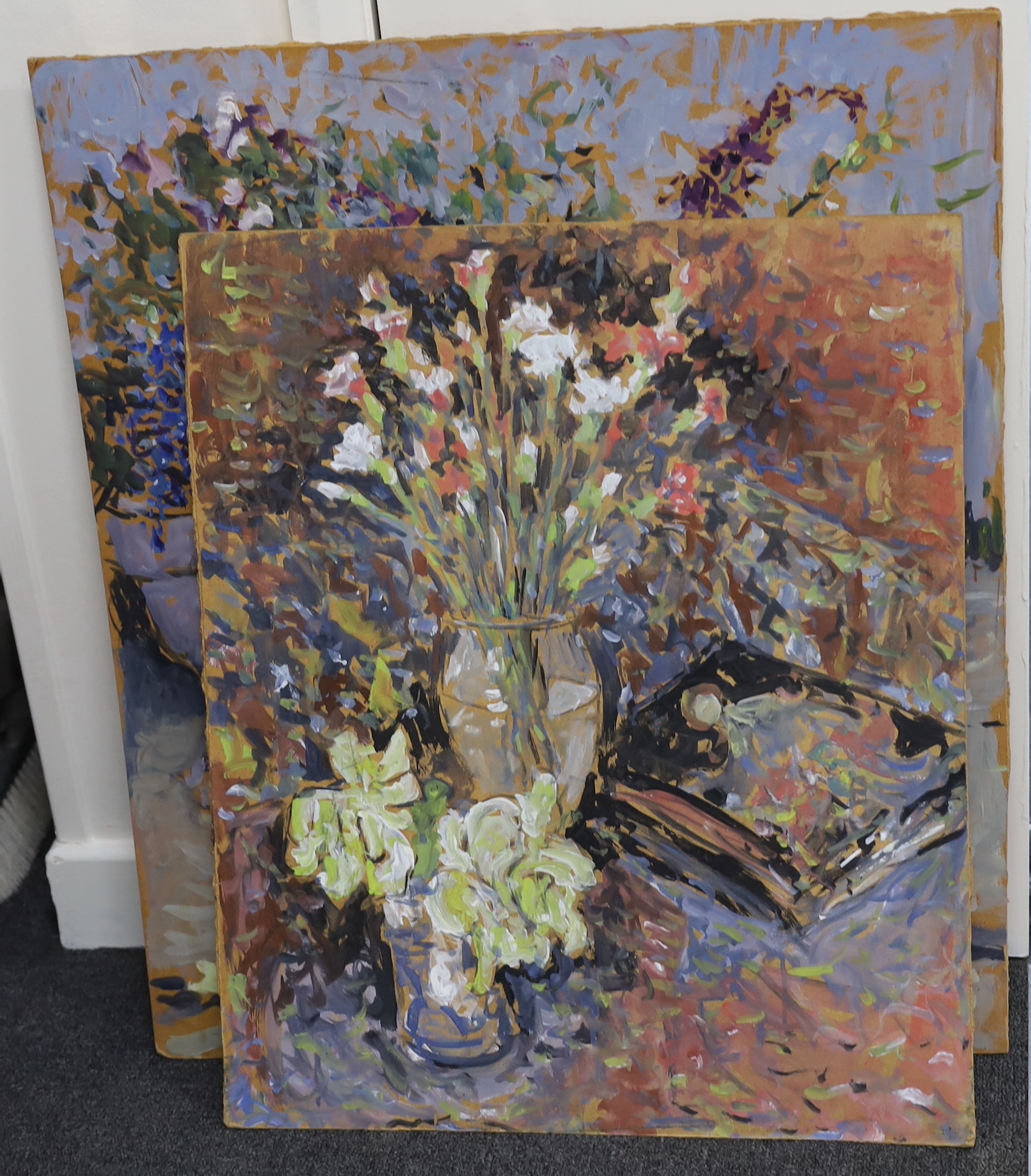 Michael John Baker (1928-2018), two oils on board, Still lifes of flowers, one signed, largest 71 x 61cm, unframed                                                                                                          